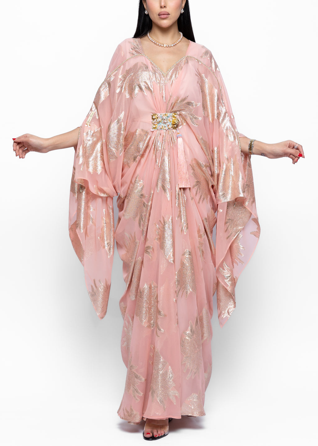 Haifa Blush Extended Sleeve Zari Kaftan