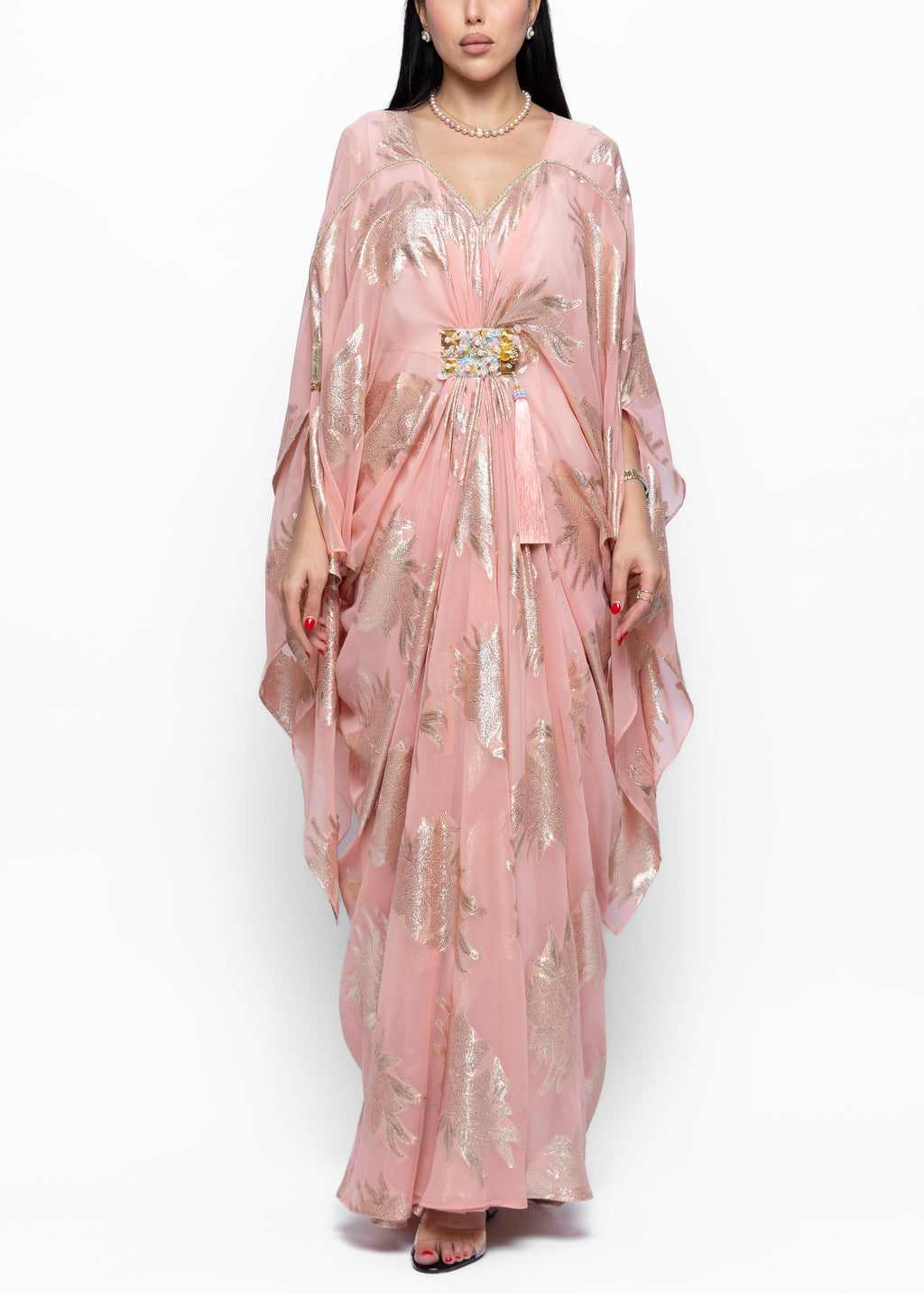 Haifa Blush Extended Sleeve Zari Kaftan