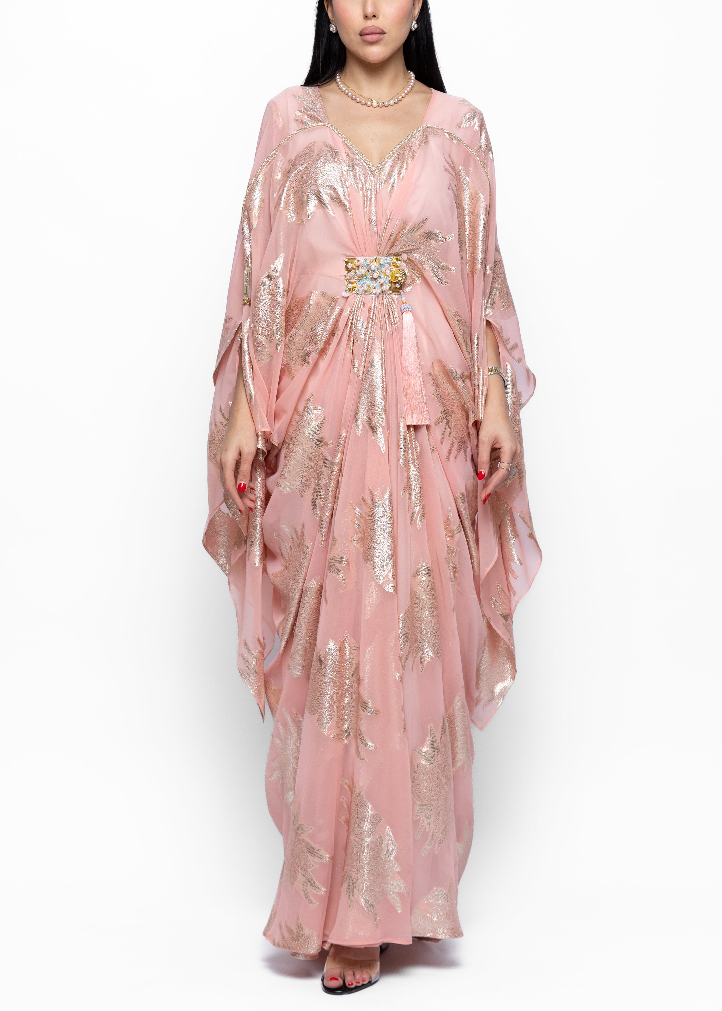 Haifa Blush Extended Sleeve Zari Kaftan