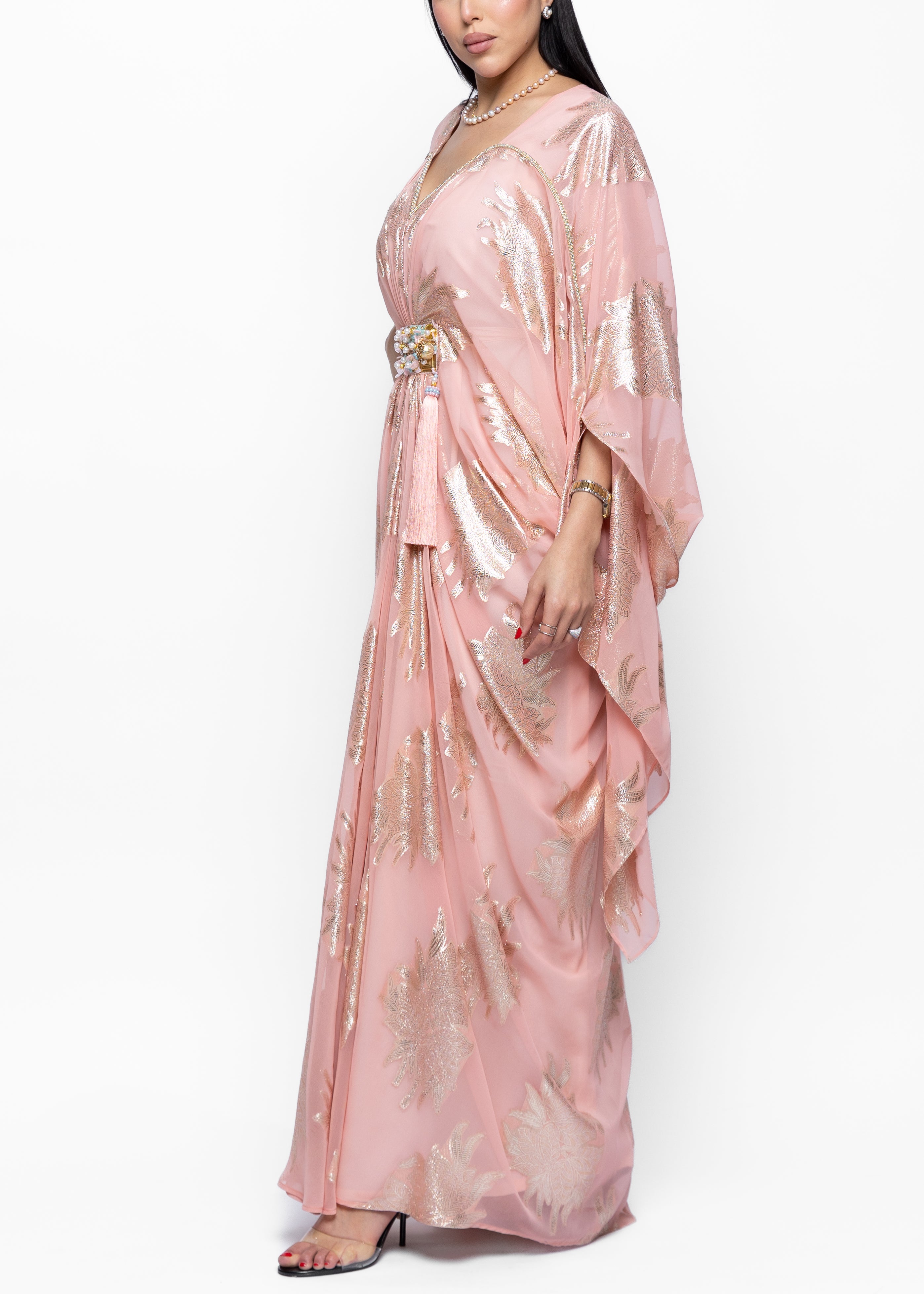 Haifa Blush Extended Sleeve Zari Kaftan