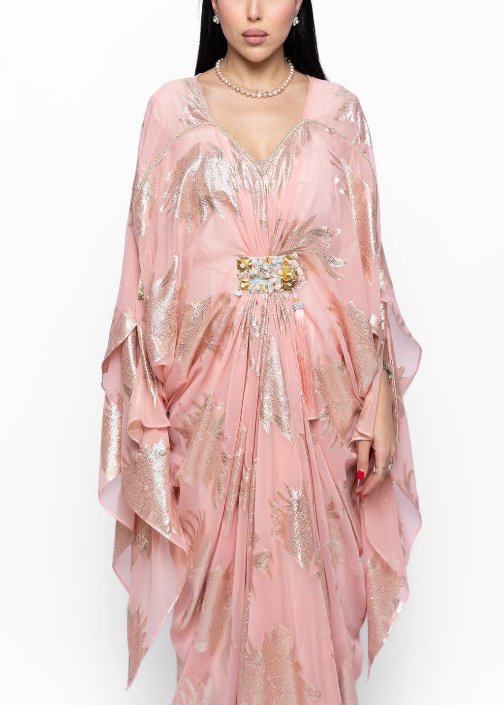 Haifa Blush Extended Sleeve Zari Kaftan