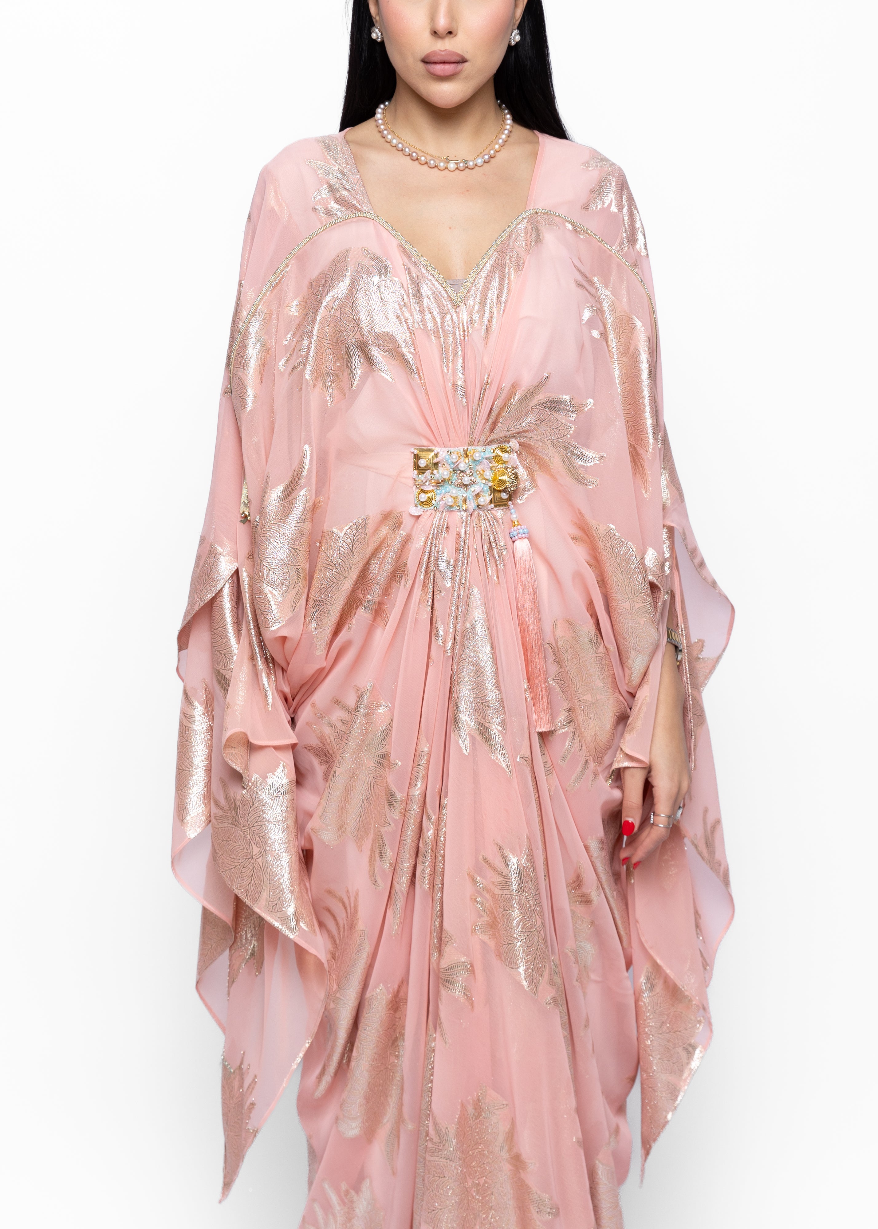 Haifa Blush Extended Sleeve Zari Kaftan
