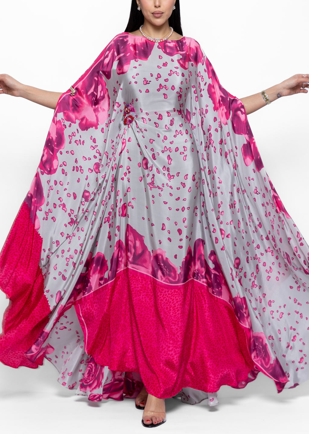 Rawan Fuchsia Petal Silk Couture Kaftan