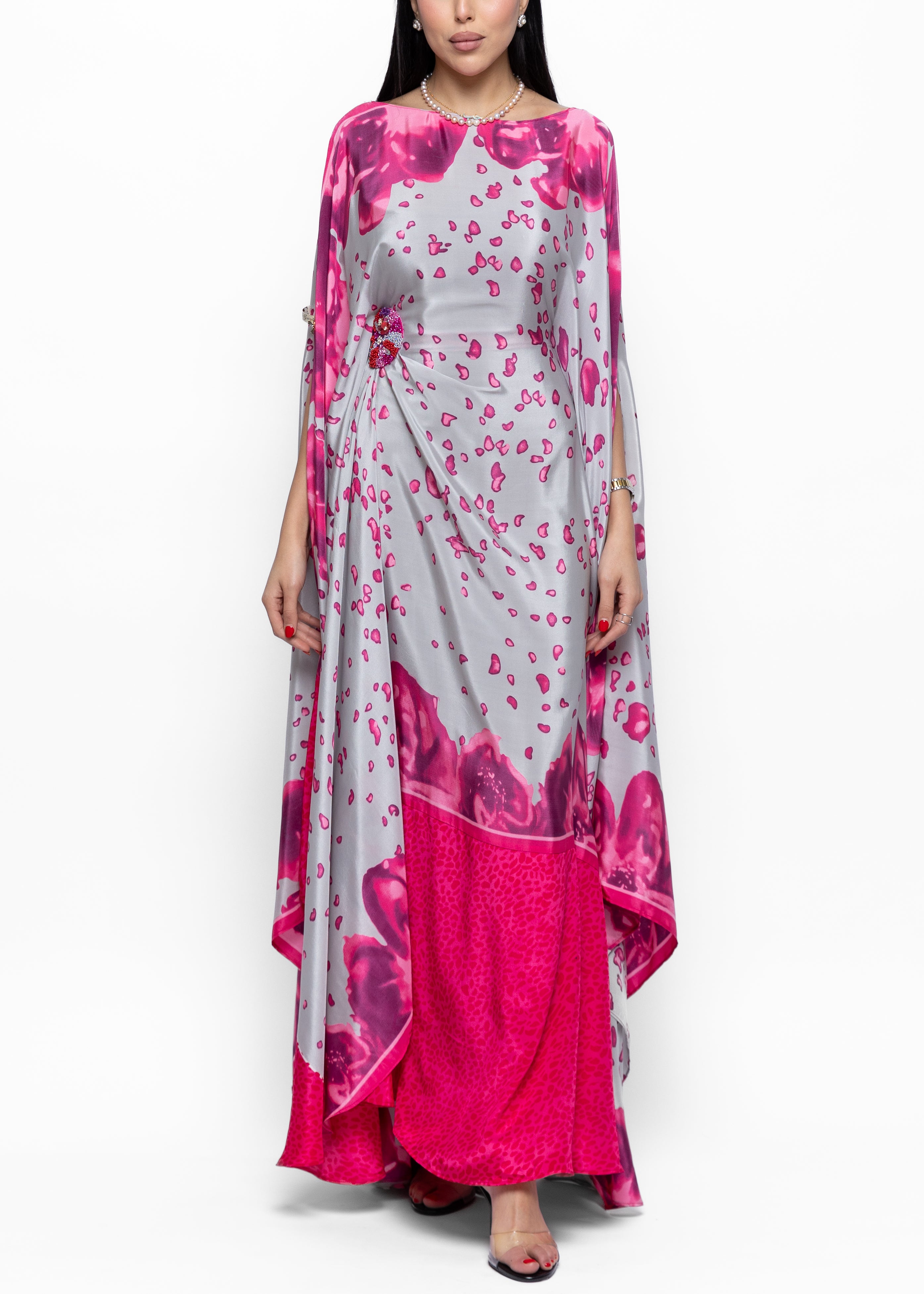 Rawan Fuchsia Petal Silk Couture Kaftan