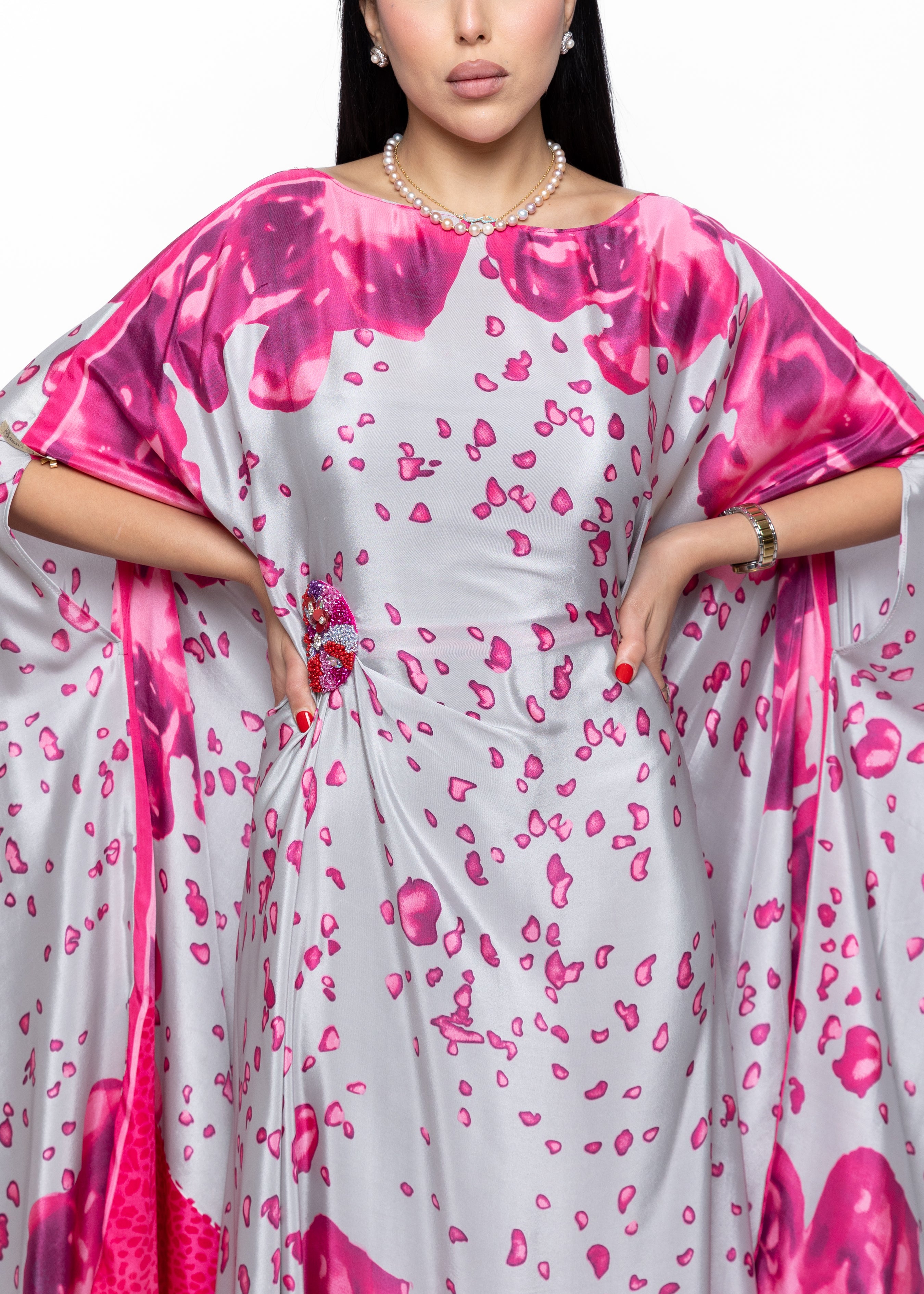Rawan Fuchsia Petal Silk Couture Kaftan