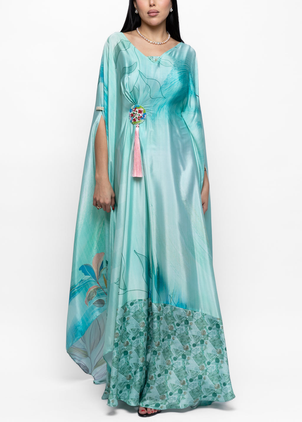 Maysam Aqua Silk Couture Kaftan