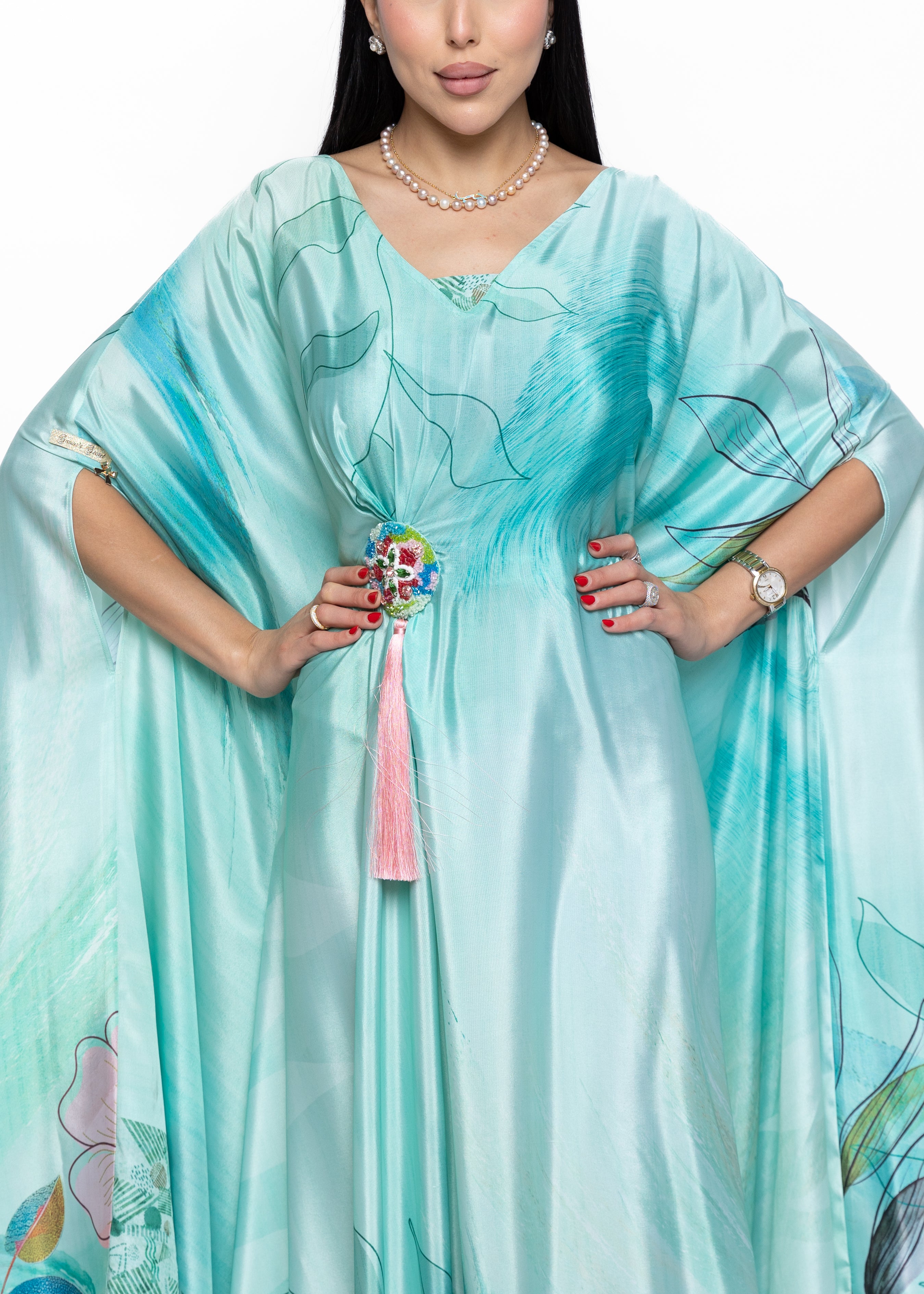 Maysam Aqua Silk Couture Kaftan