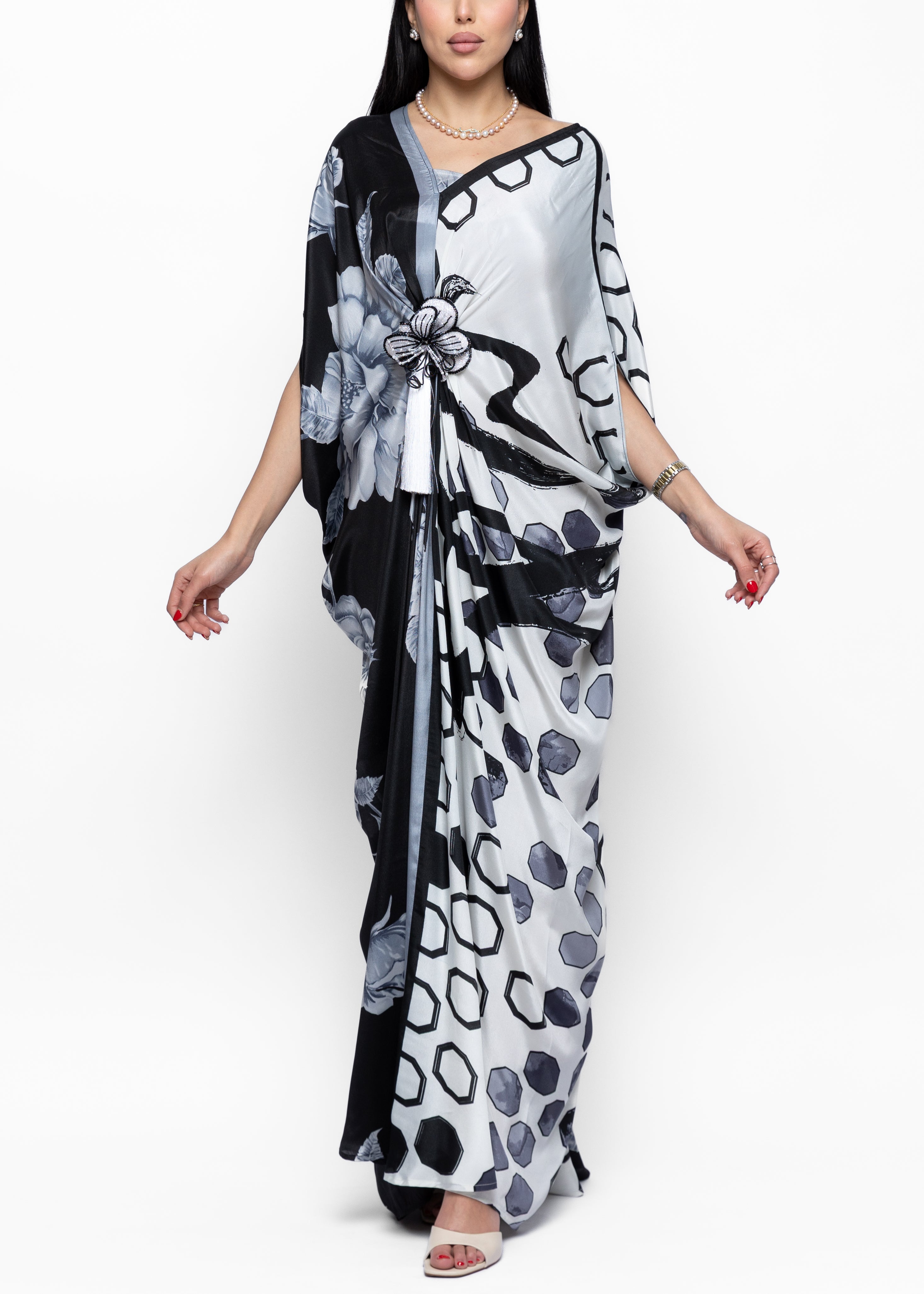 Thuraya Noir Butterfly Brooch Silk Couture Kaftan