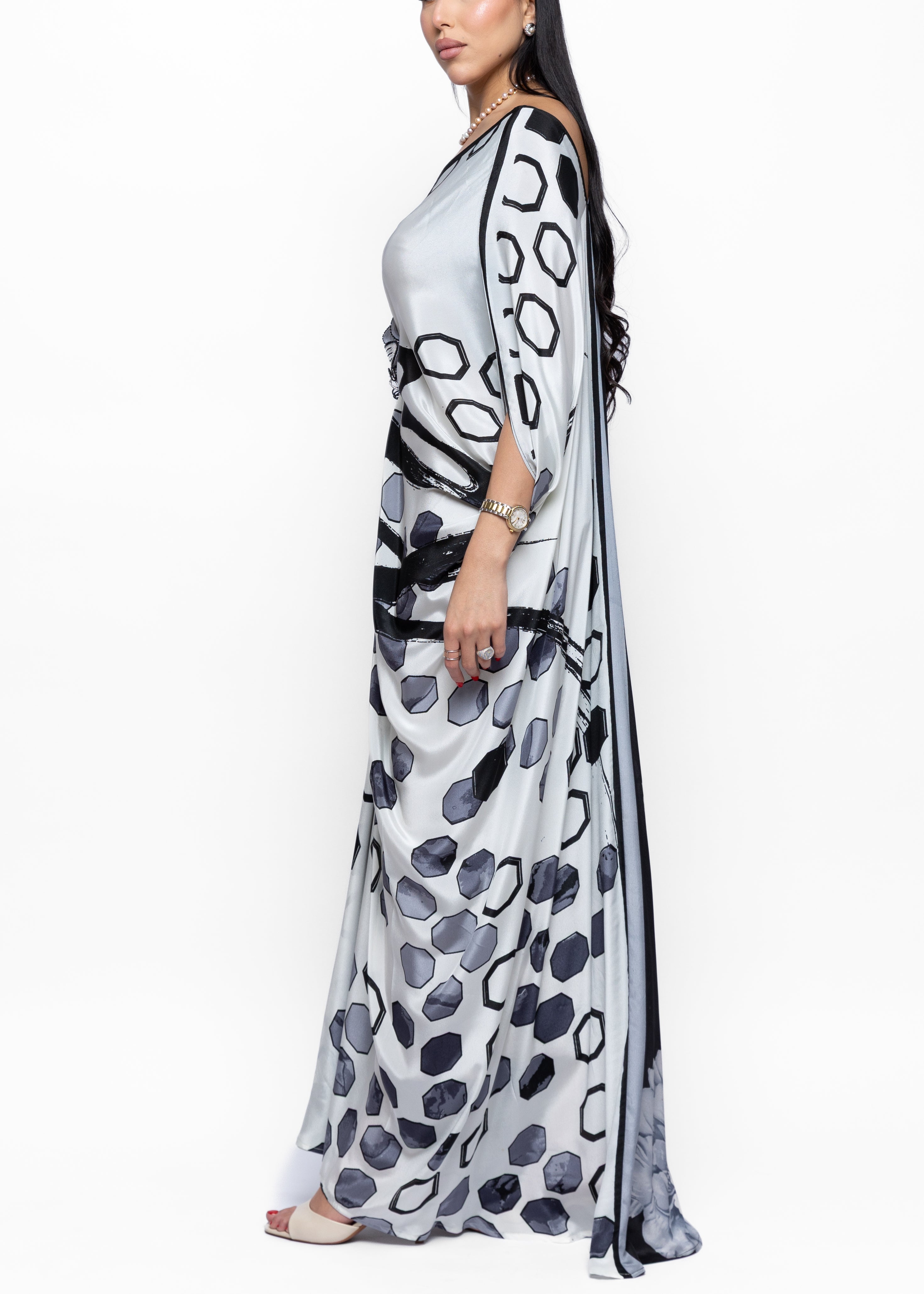 Thuraya Noir Butterfly Brooch Silk Couture Kaftan