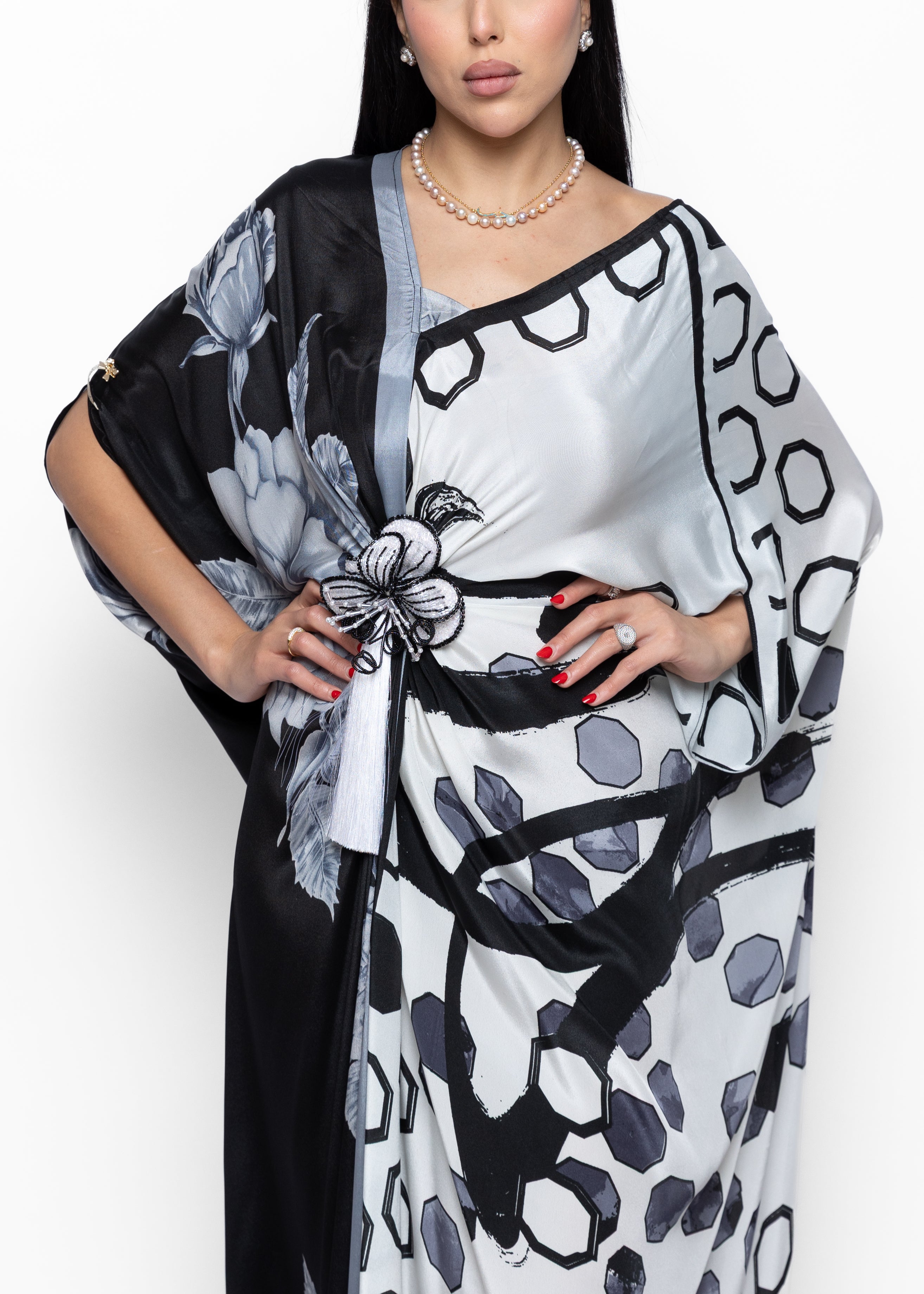 Thuraya Noir Butterfly Brooch Silk Couture Kaftan