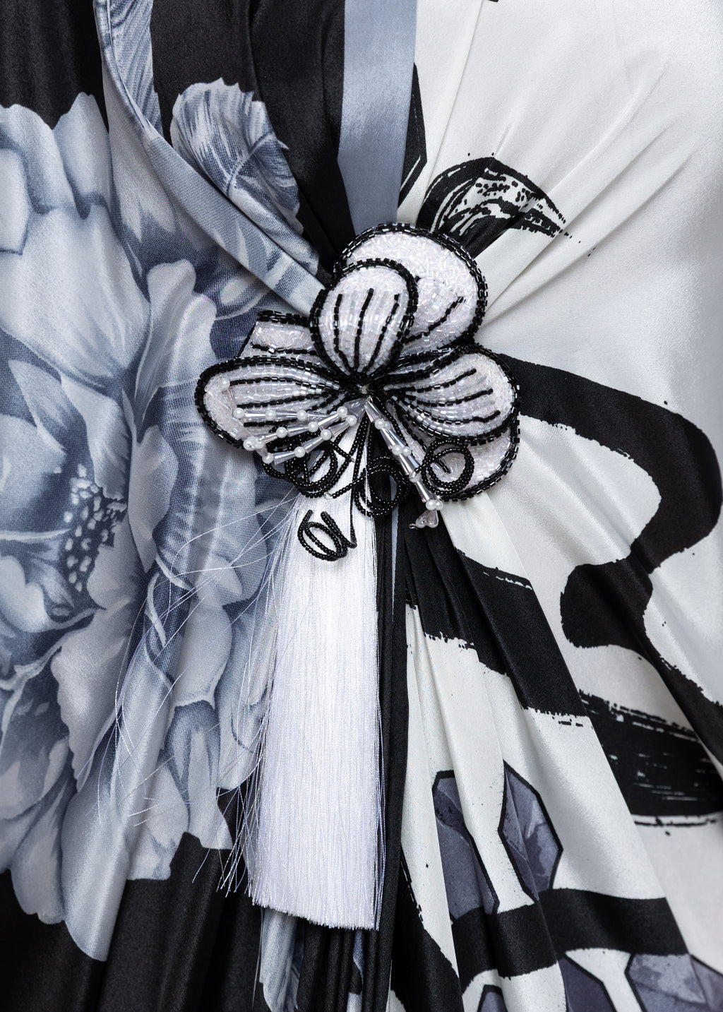 Thuraya Noir Butterfly Brooch Silk Couture Kaftan
