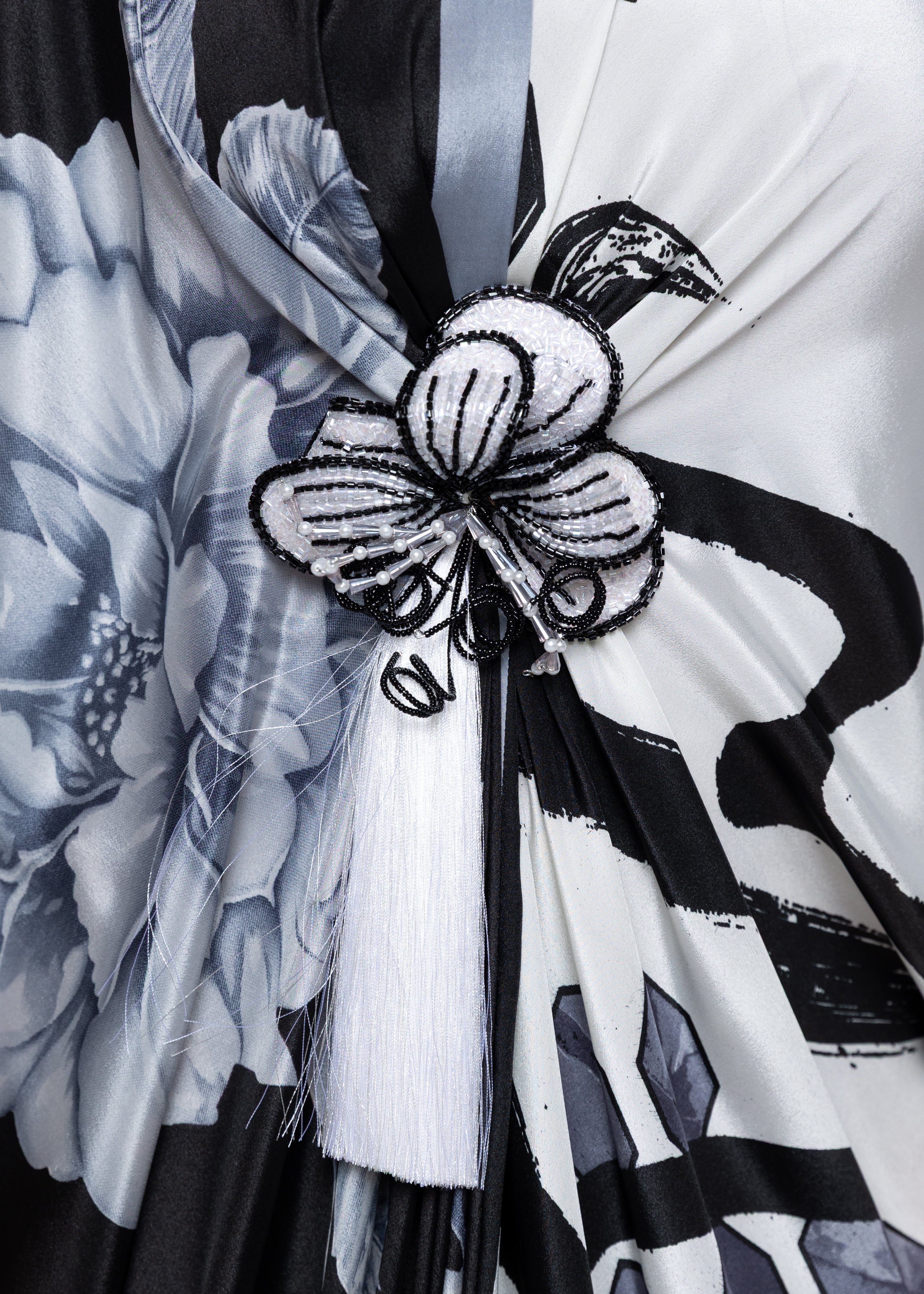 Thuraya Noir Butterfly Brooch Silk Couture Kaftan