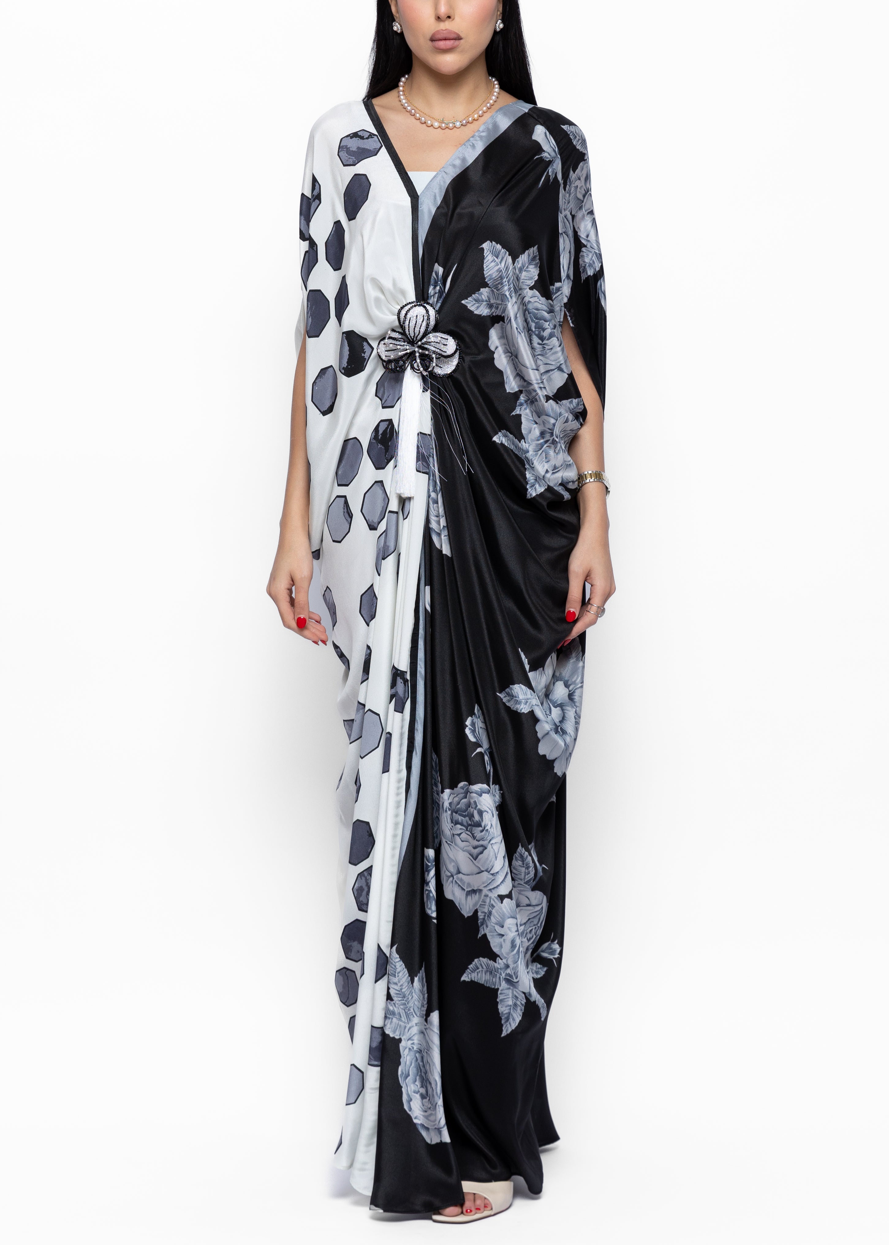Jumana Noir Butterfly Brooch Silk Couture Kaftan
