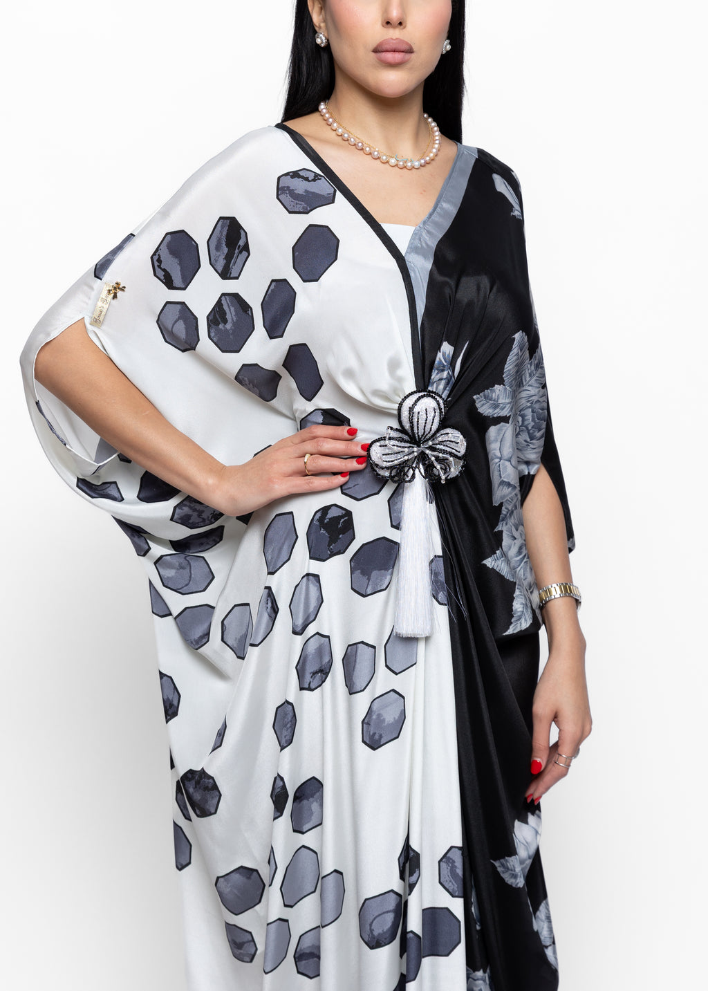 Jumana Noir Butterfly Brooch Silk Couture Kaftan