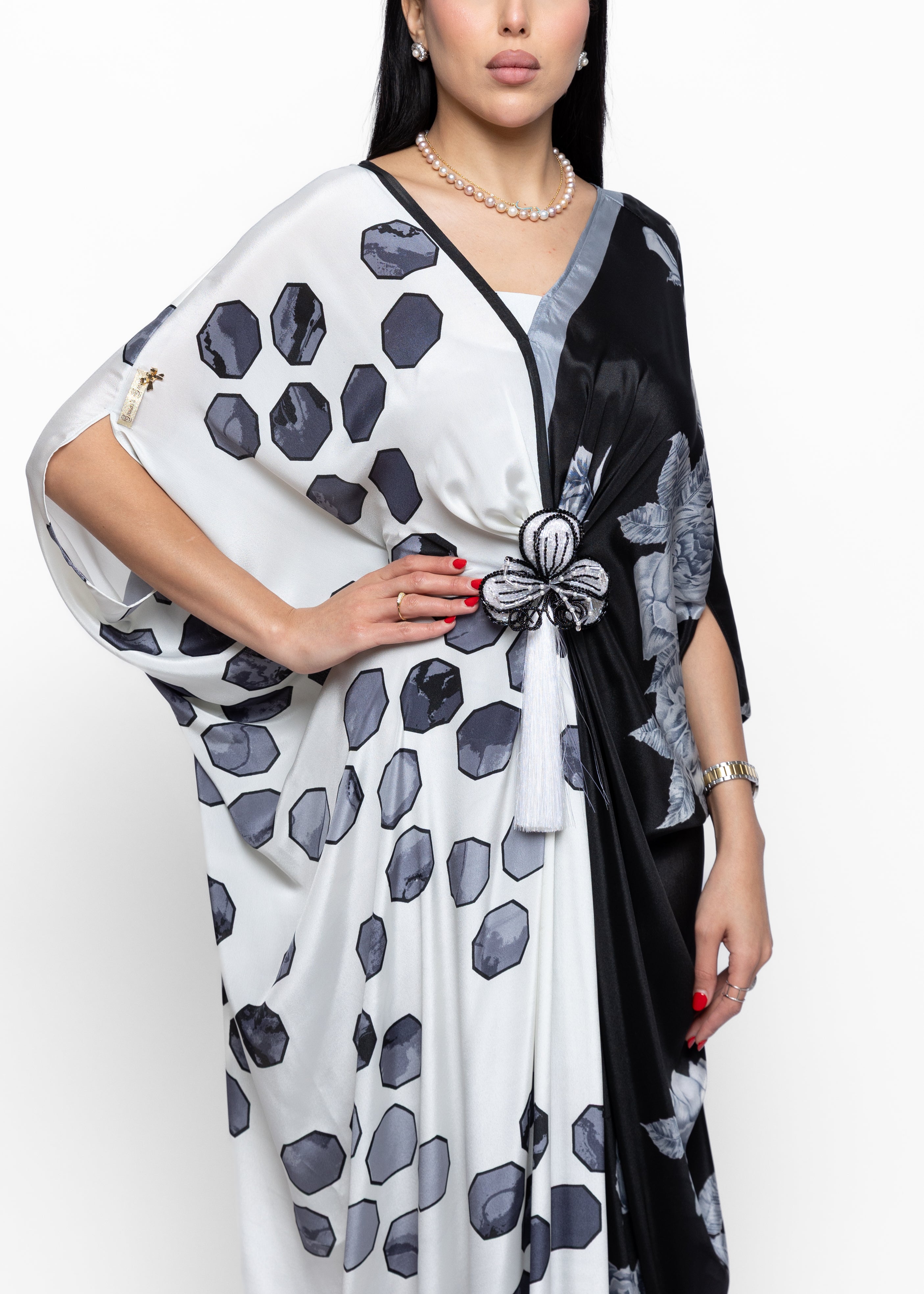 Jumana Noir Butterfly Brooch Silk Couture Kaftan