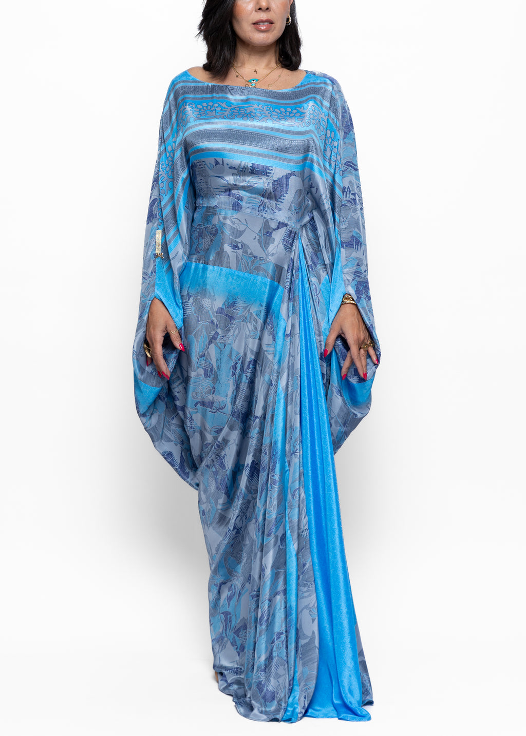 Layan Draped Azure Crepe Couture Kaftan