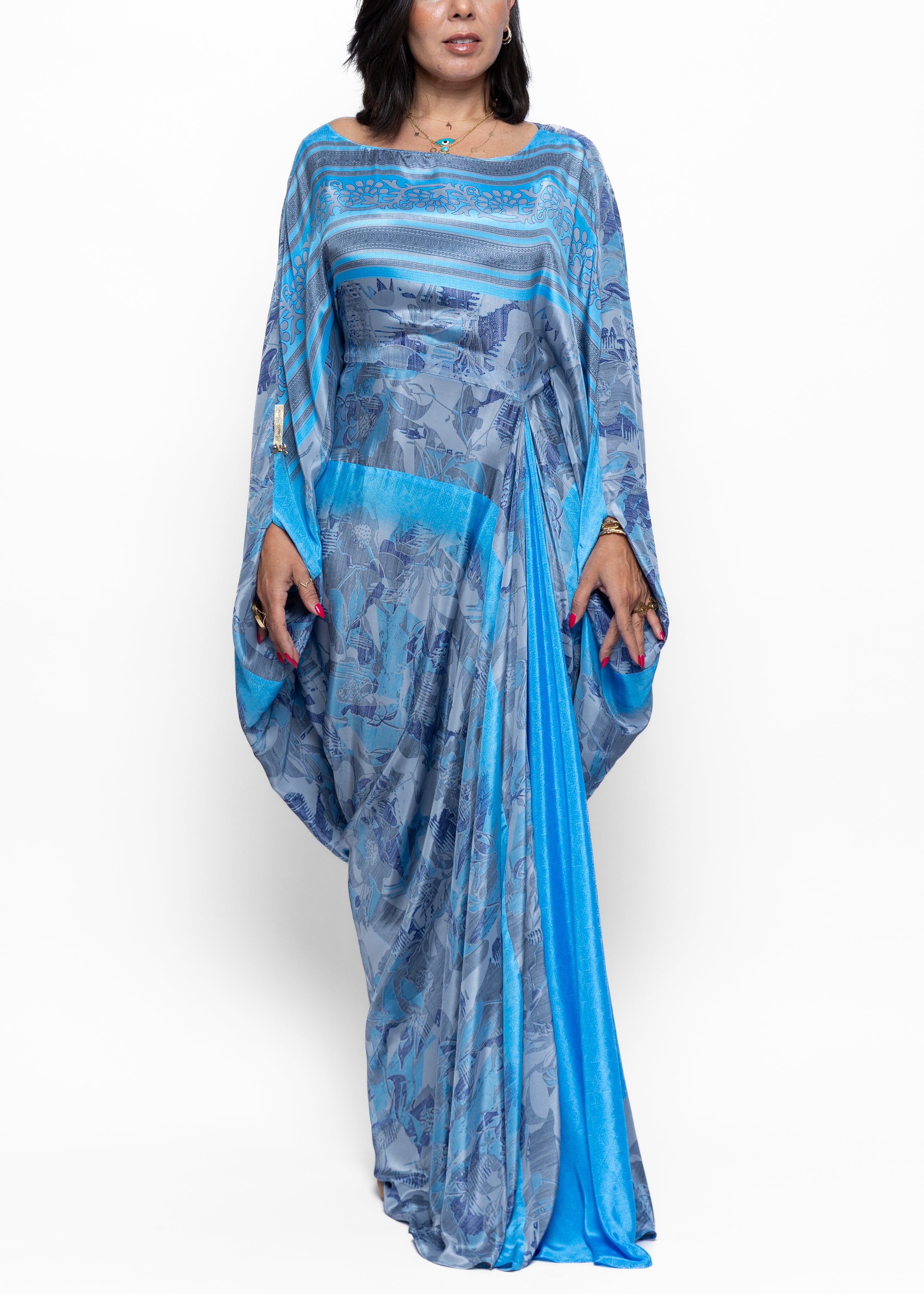 Layan Draped Azure Crepe Couture Kaftan