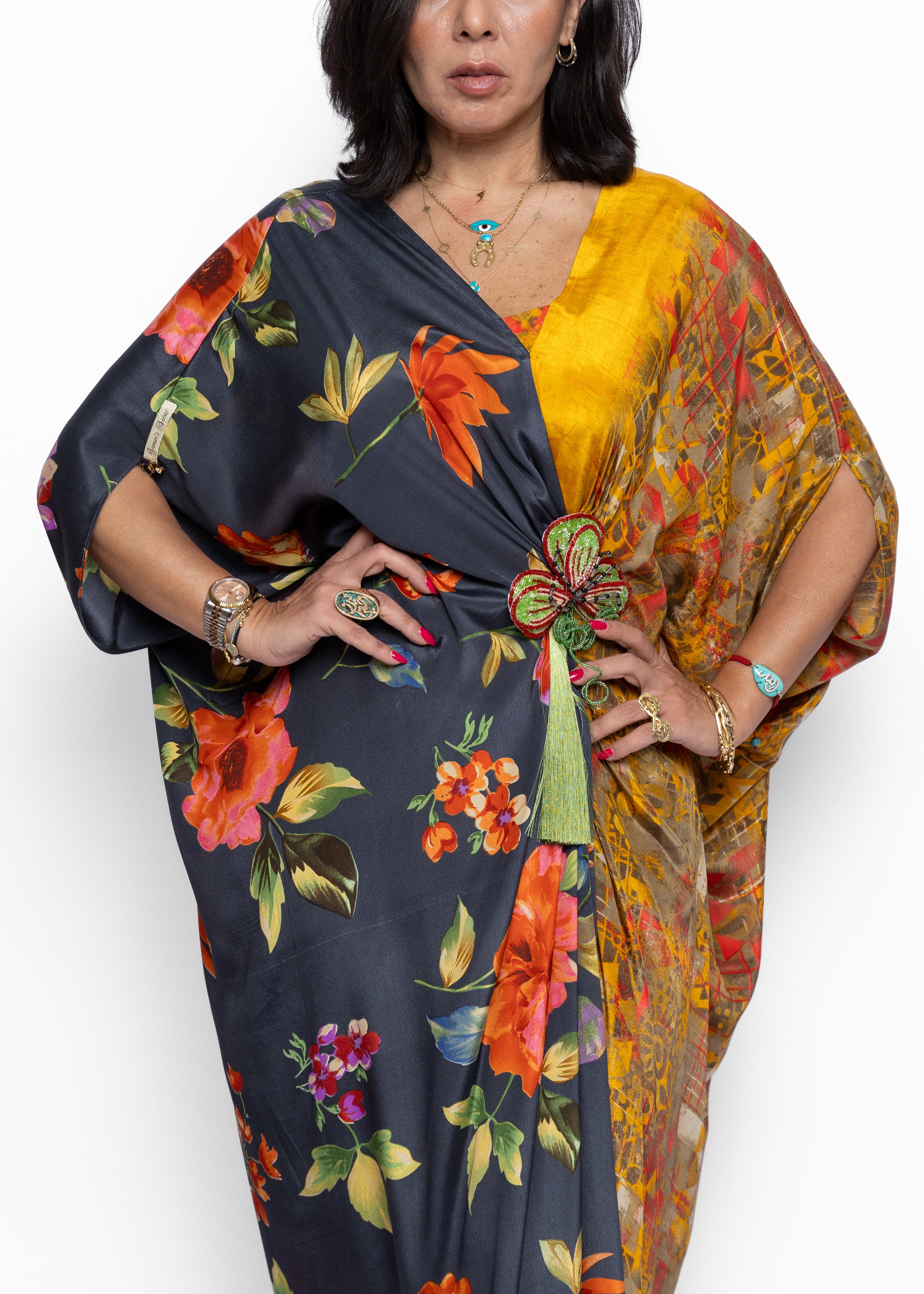 Ahlam Mosaic Bloom Butterfly Silk Couture Kaftan