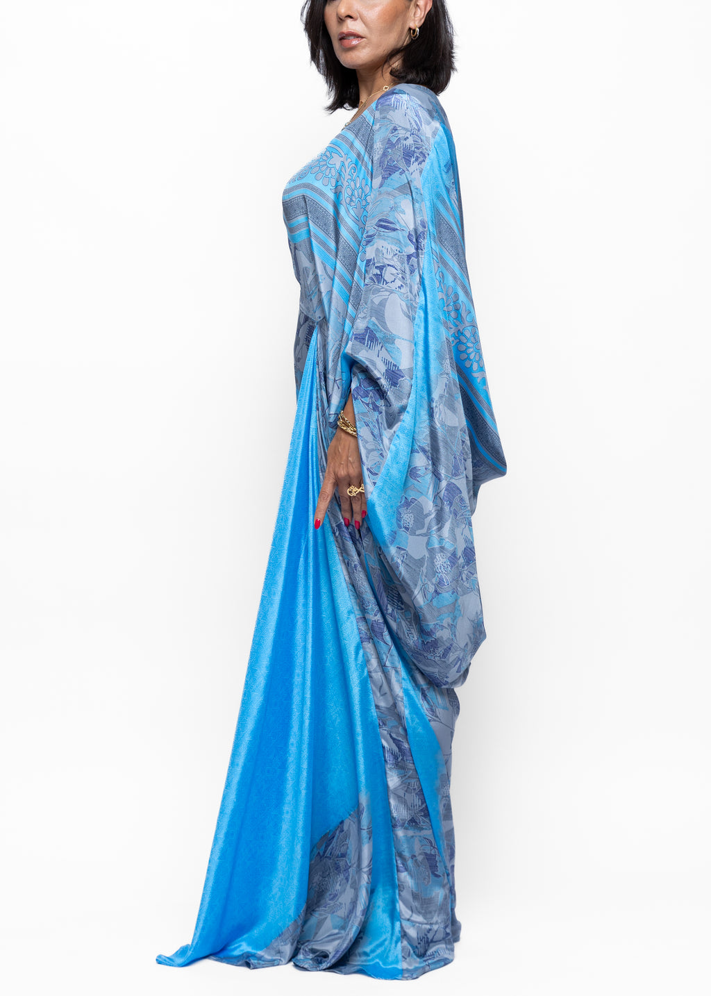 Layan Draped Azure Crepe Couture Kaftan
