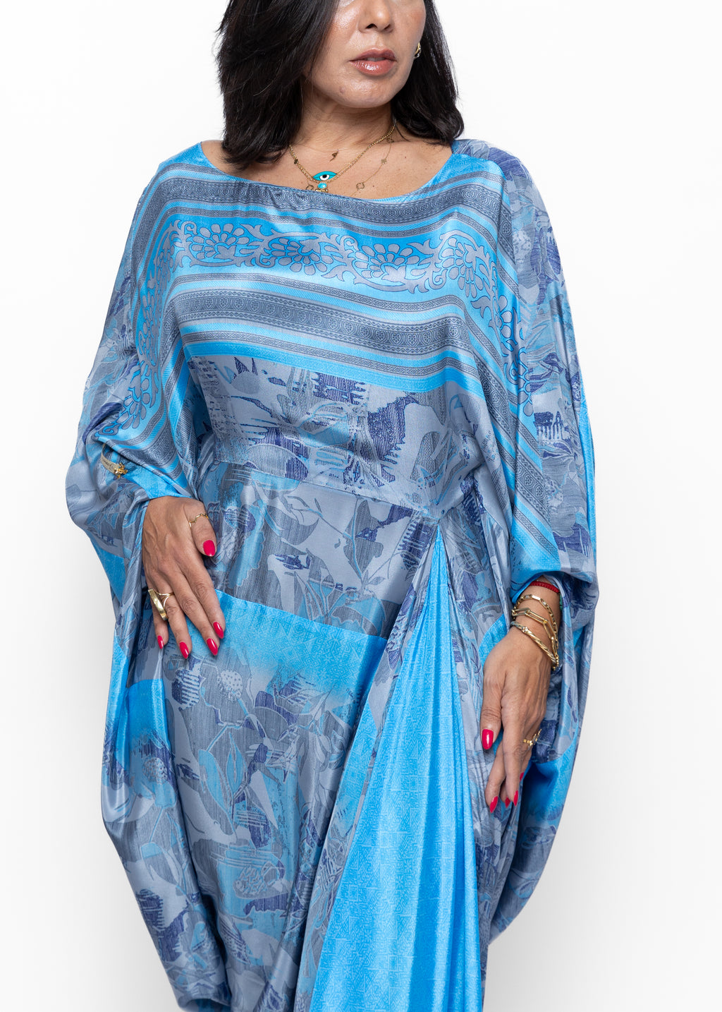 Layan Draped Azure Crepe Couture Kaftan