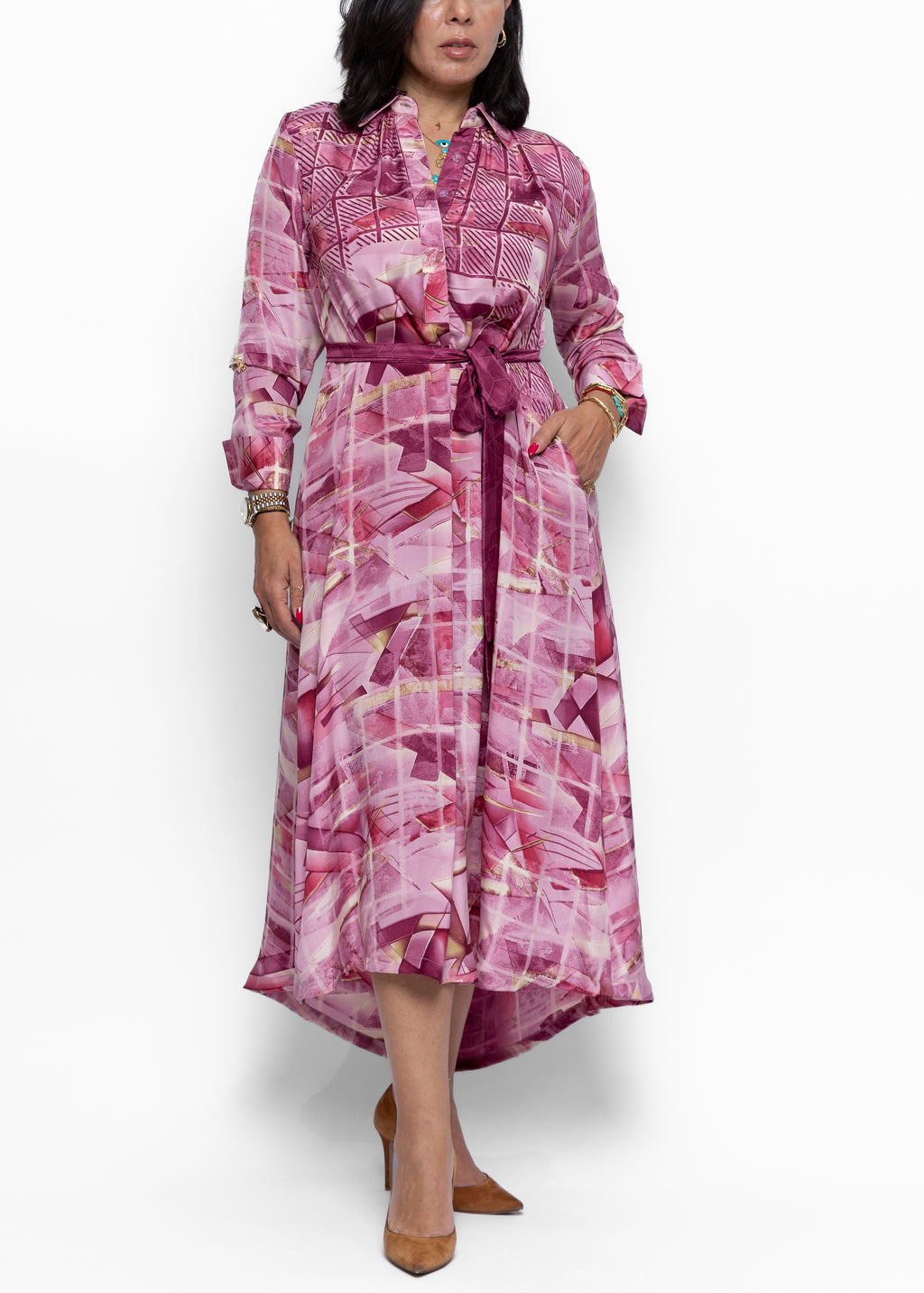 Saada Blush Geometry Silk Shirt Dress