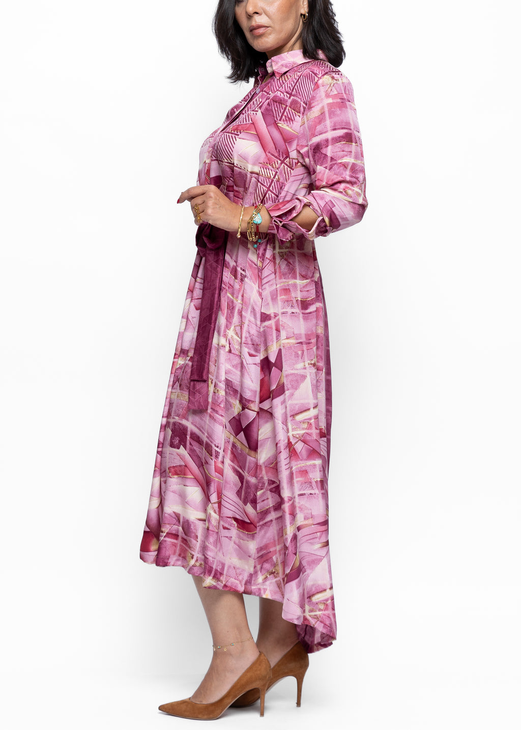 Saada Blush Geometry Silk Shirt Dress