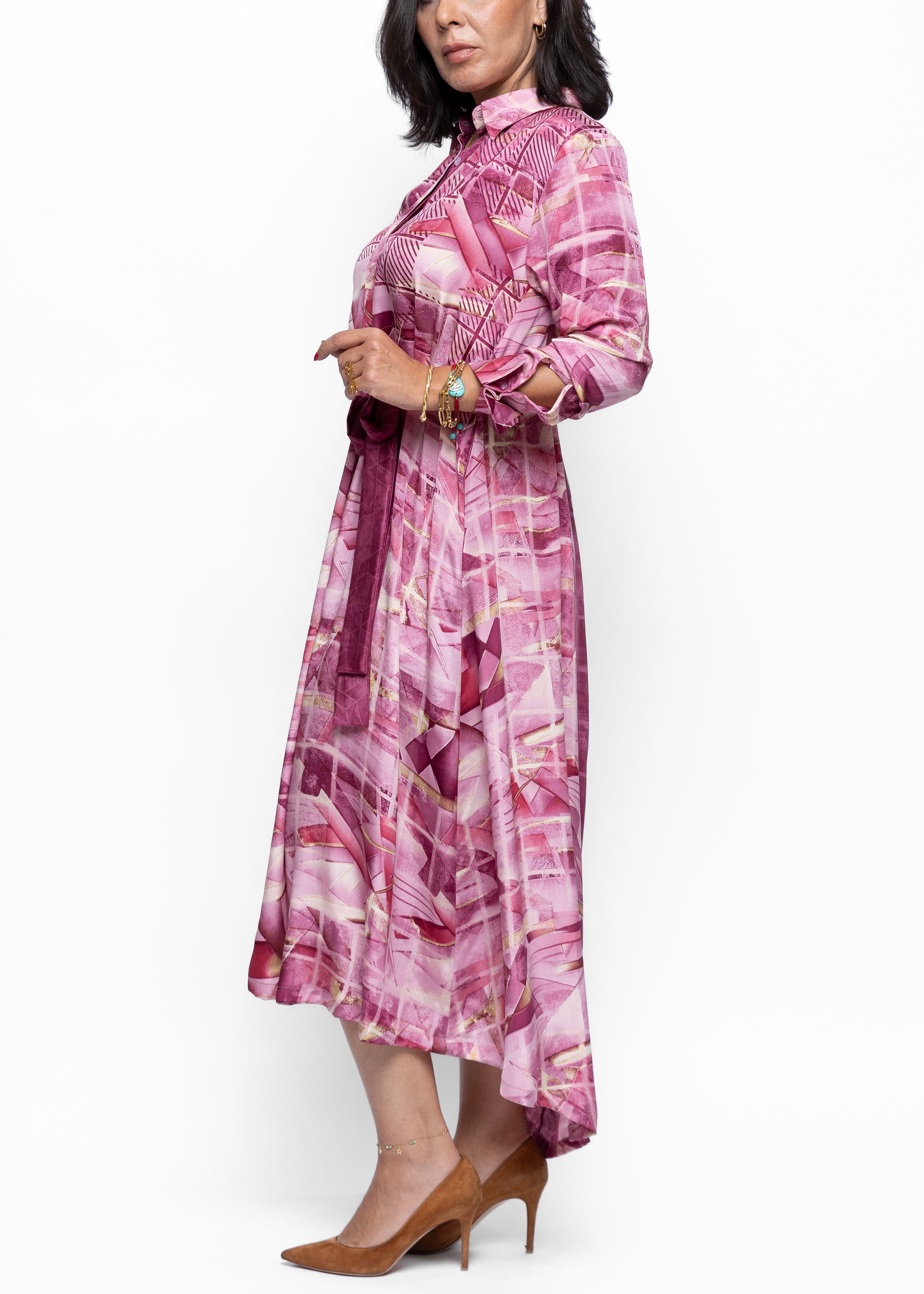Saada Blush Geometry Silk Shirt Dress