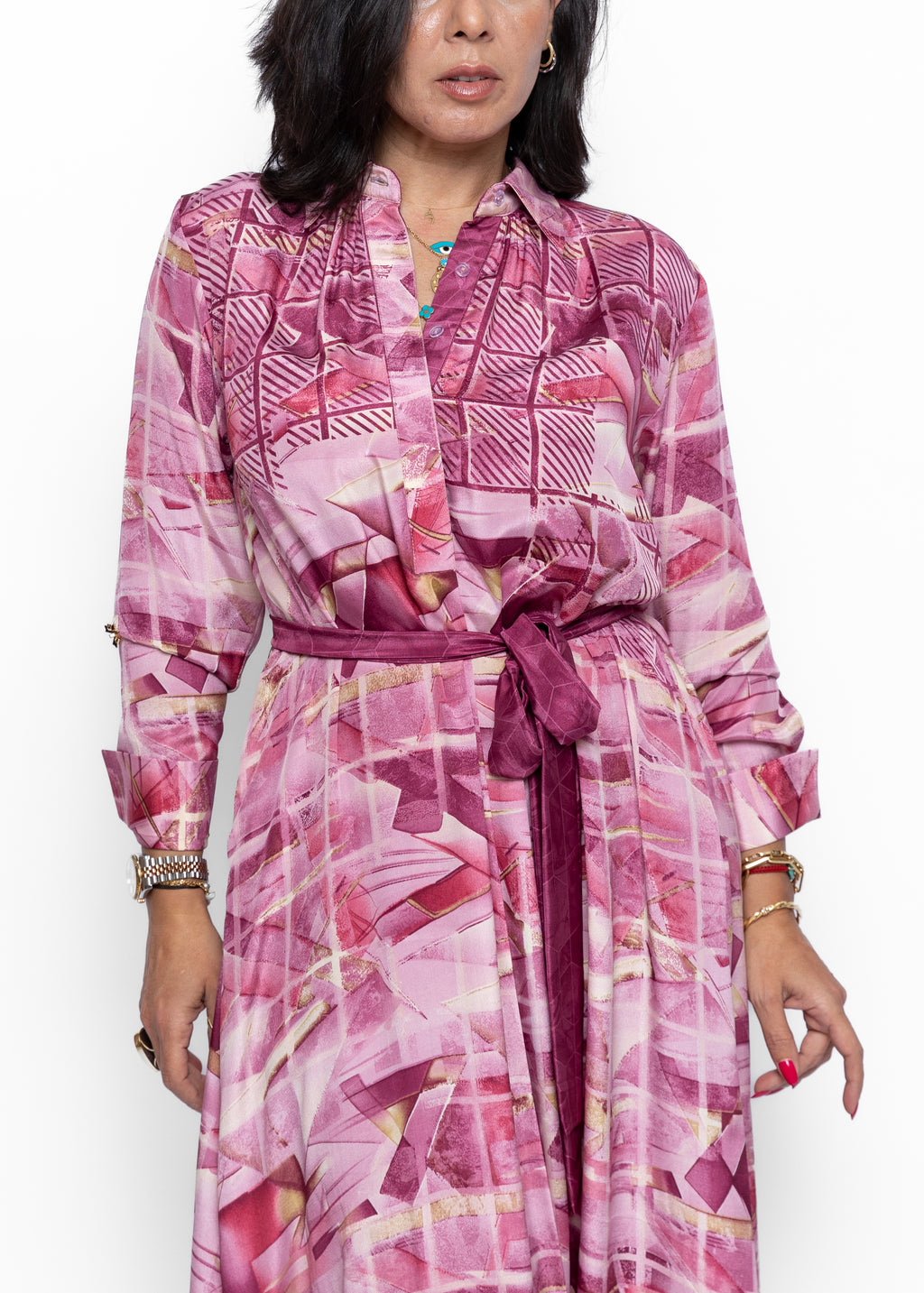 Saada Blush Geometry Silk Shirt Dress