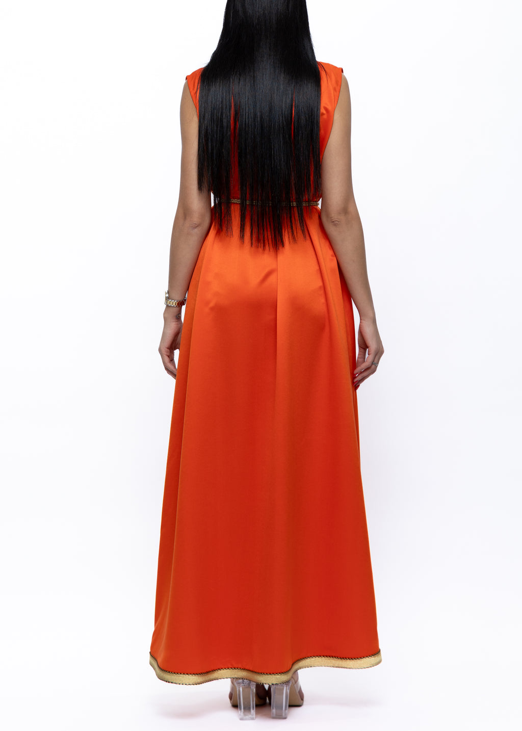 Orange Satin Dress with Embroidered Belt