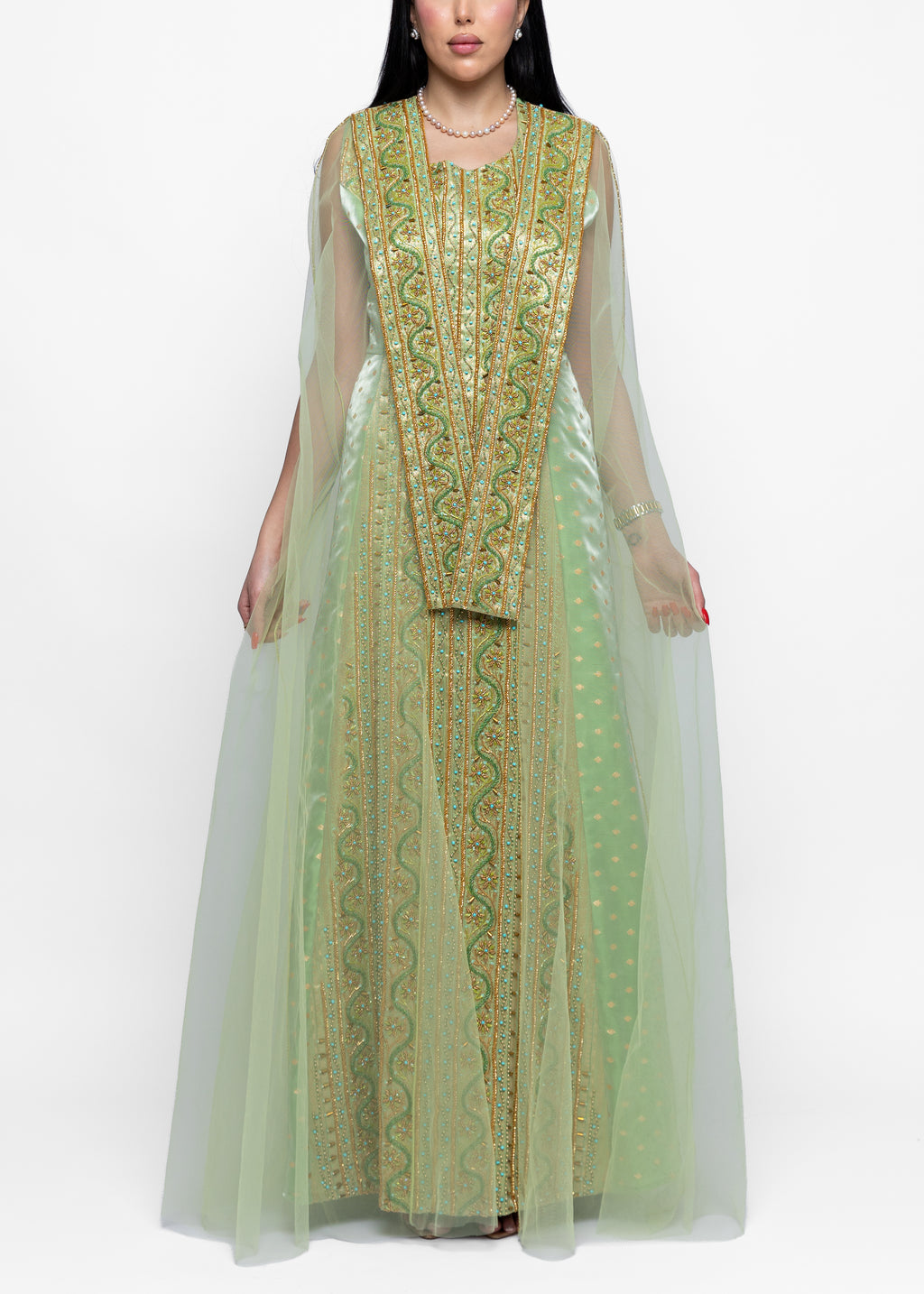 Afnan Gold Dress and Sheer Cape