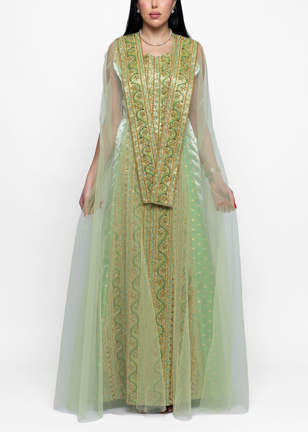 Afnan Gold Dress and Sheer Cape