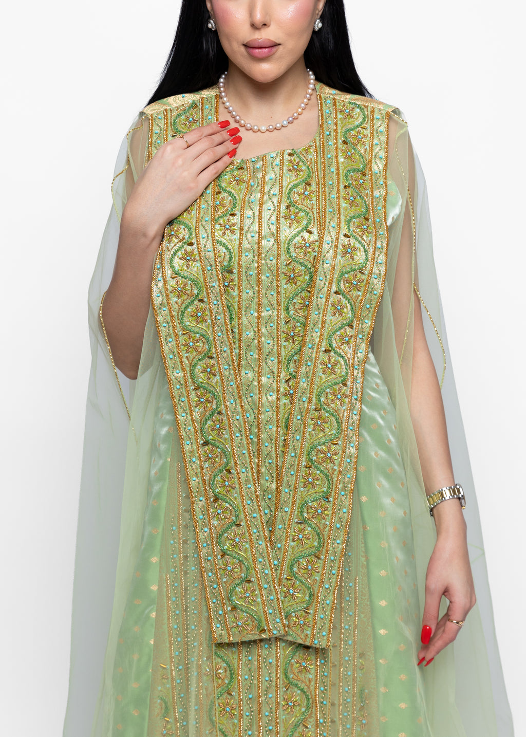 Afnan Gold Dress and Sheer Cape