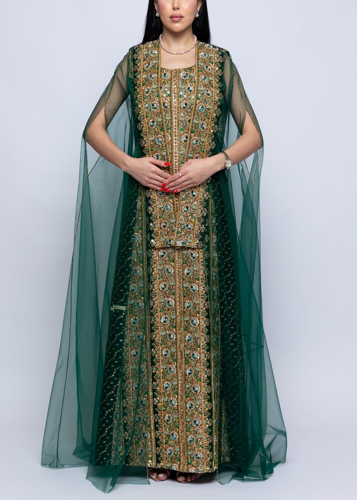 Habiba Emerald Dress & Sheer Cape