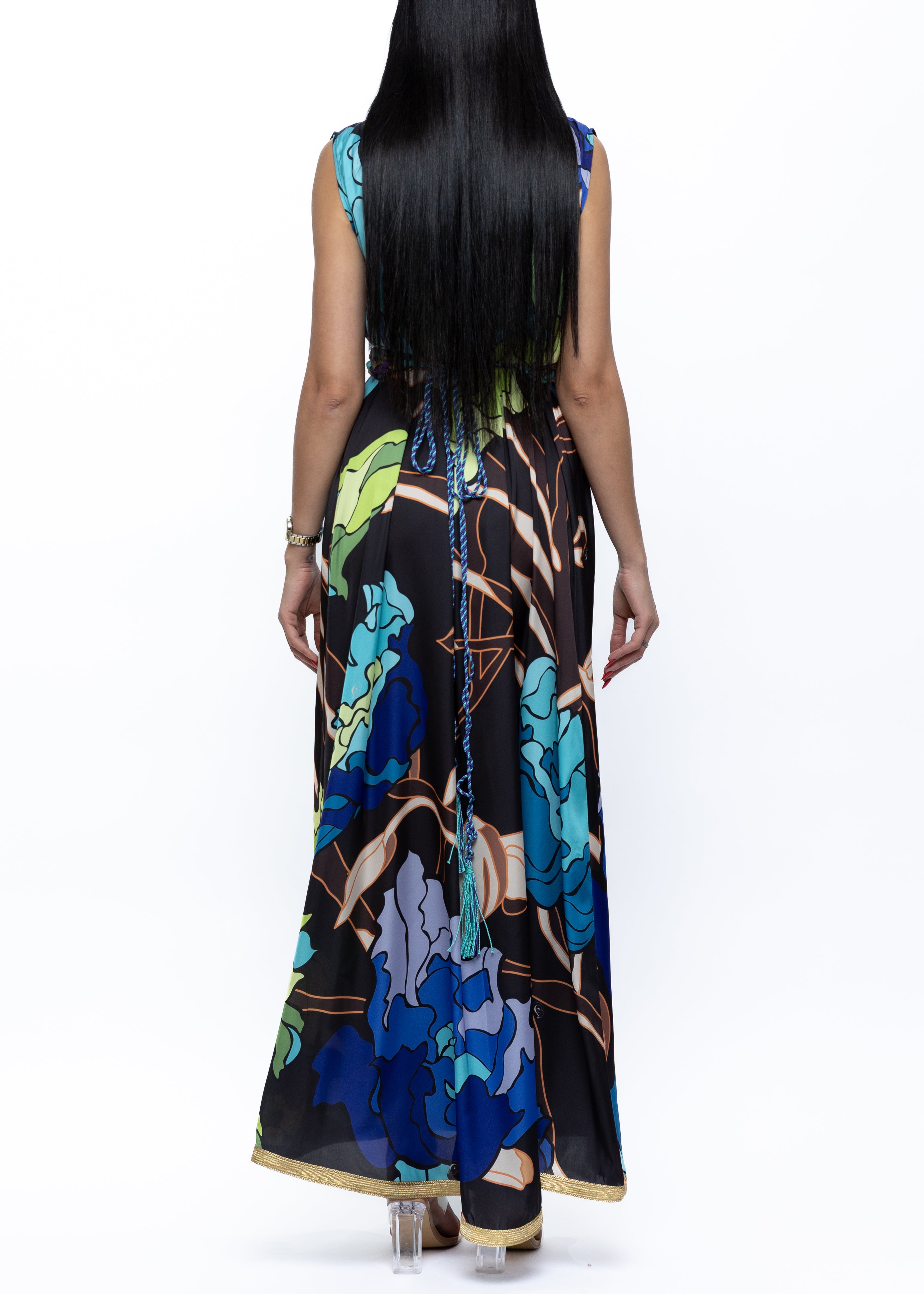 Ghalia Silk-Satin Flower Dress with Belt