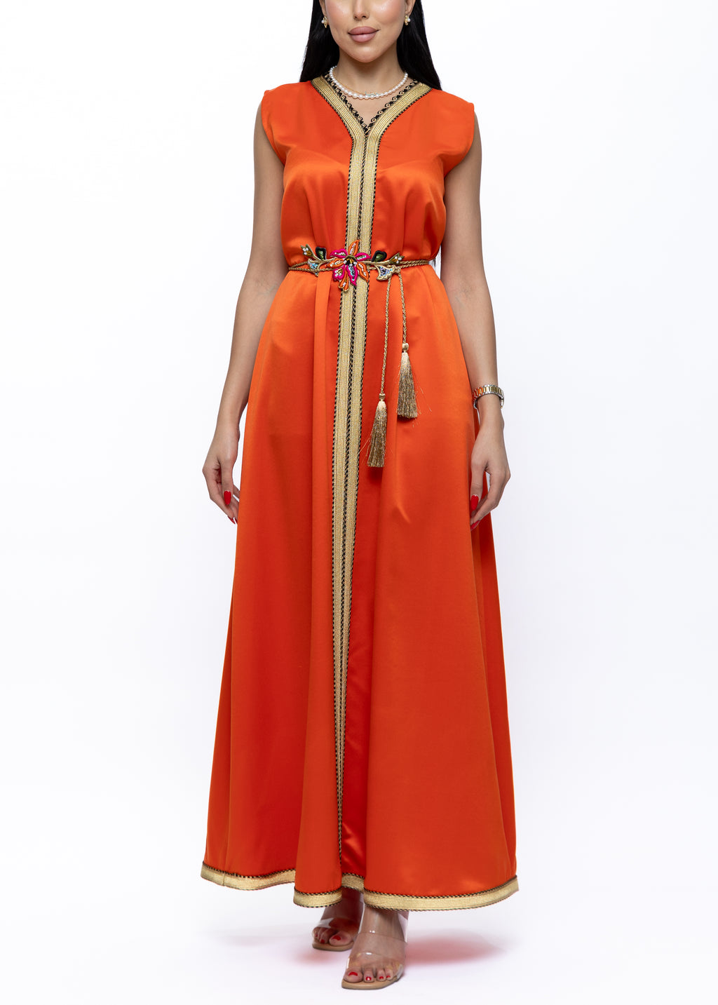 Orange Satin Dress with Embroidered Belt