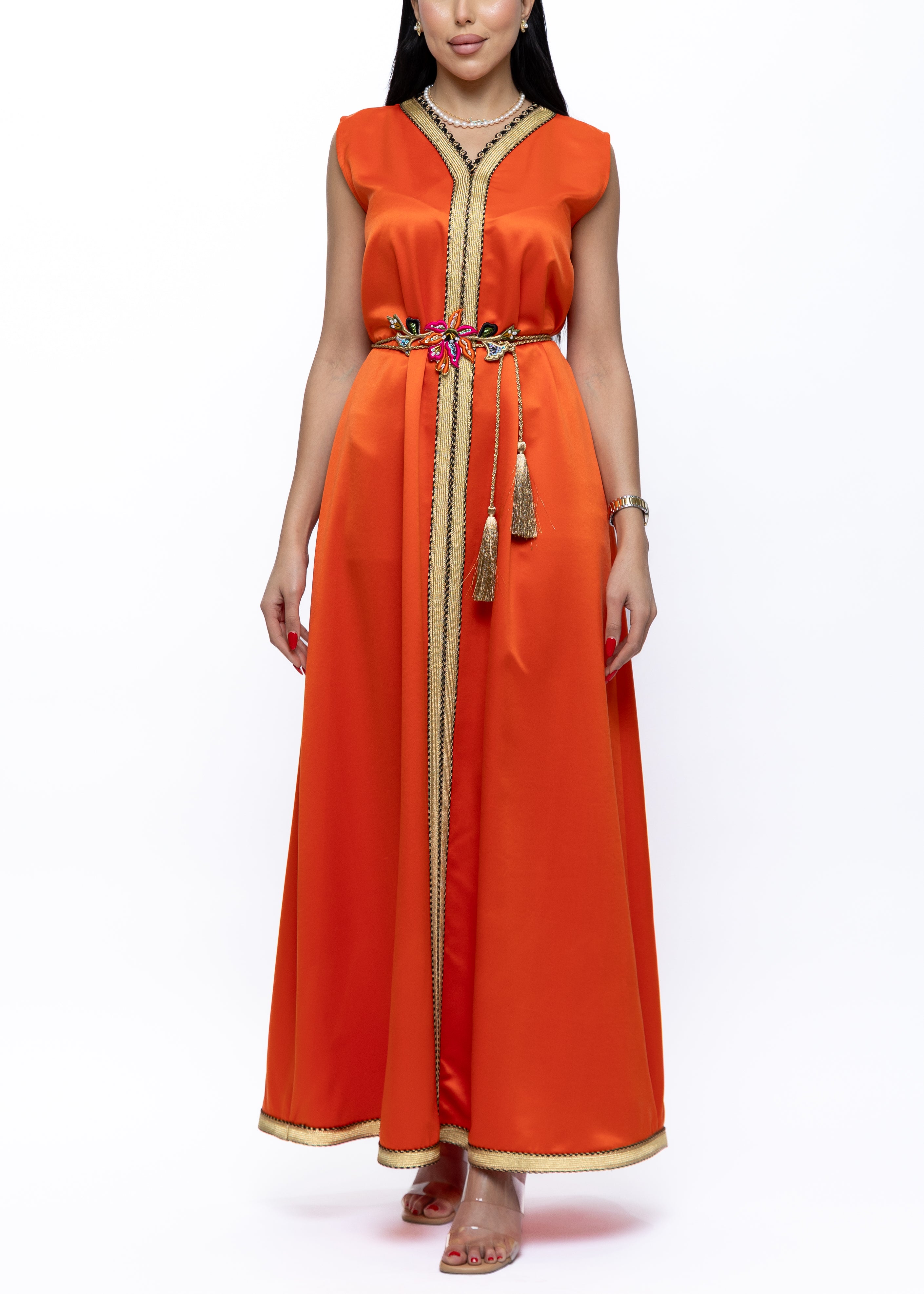 Orange Satin Dress with Embroidered Belt