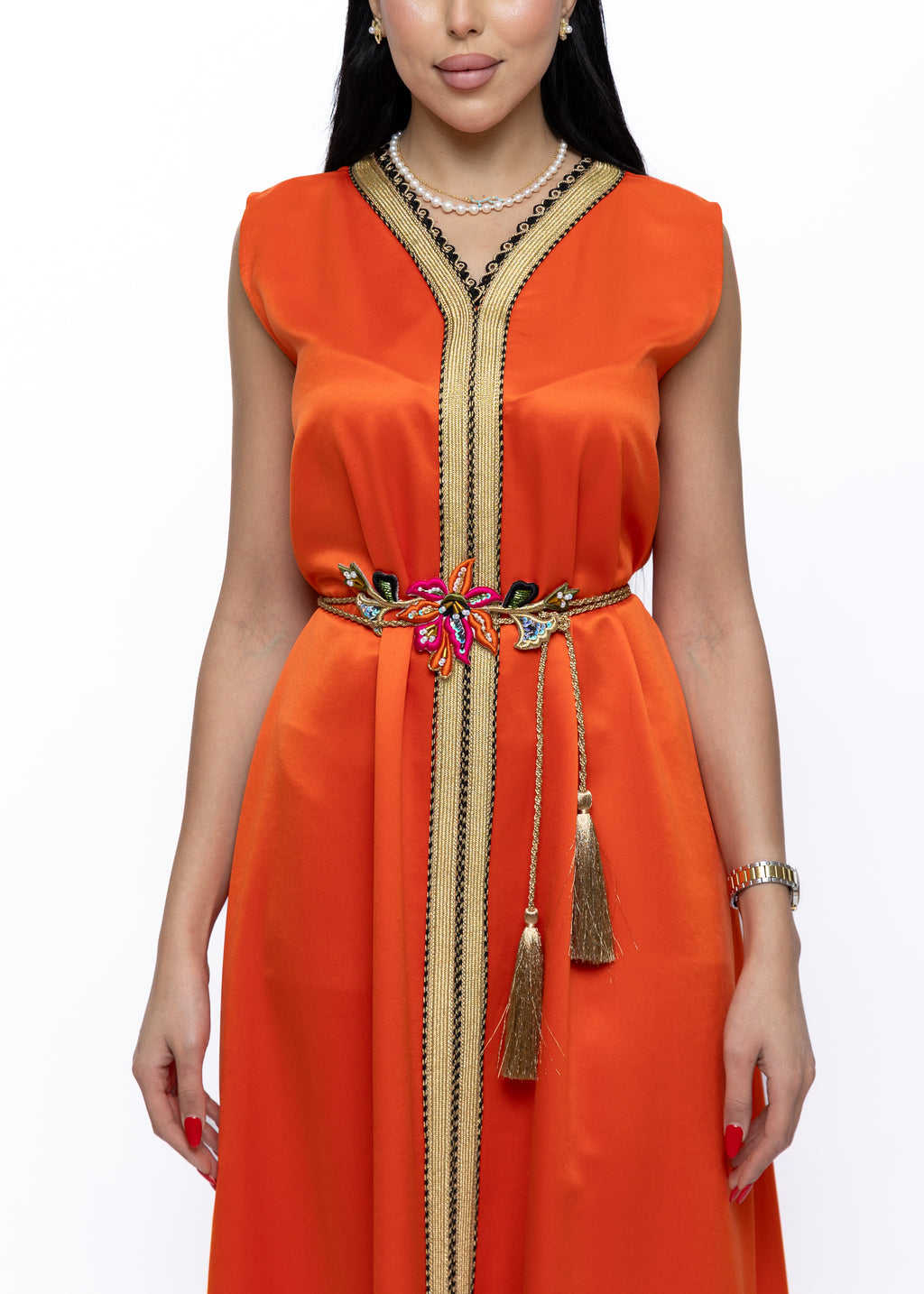 Orange Satin Dress with Embroidered Belt