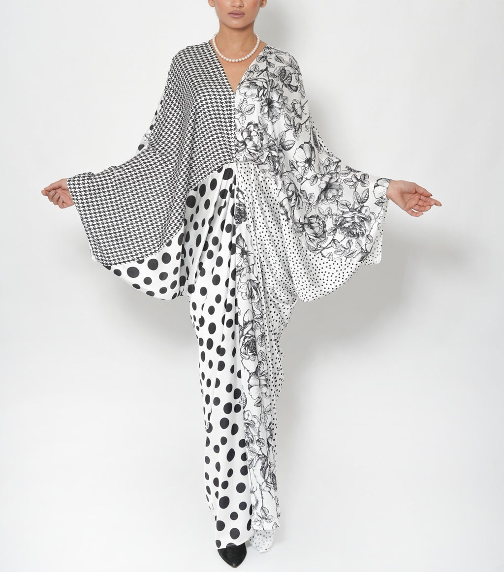 Latifa Monochrome Garden Silk Satin Jalabiya