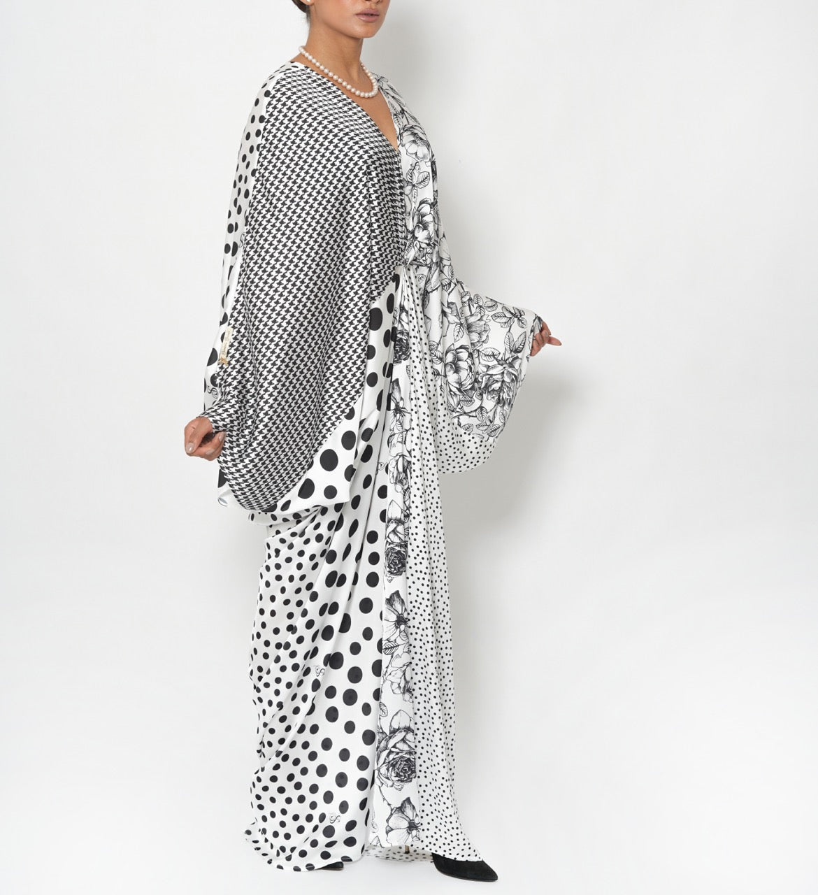 Latifa Monochrome Garden Silk Satin Jalabiya