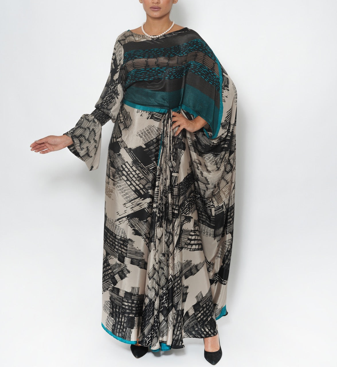 Hessa Teal Brushstroke Silk Crepe Jalabiya