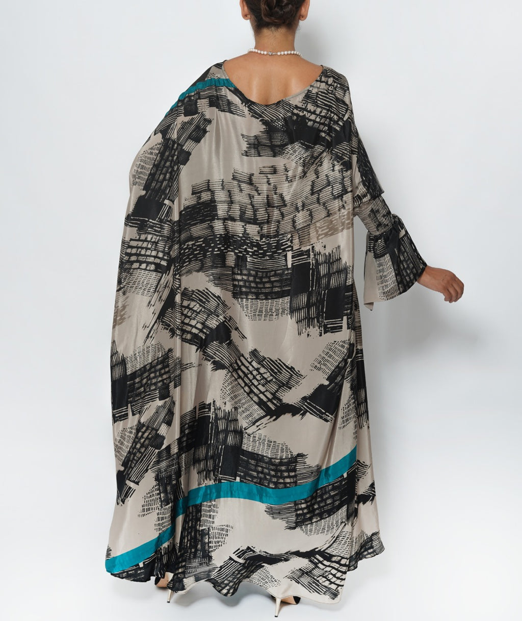 Hessa Teal Brushstroke Silk Crepe Jalabiya