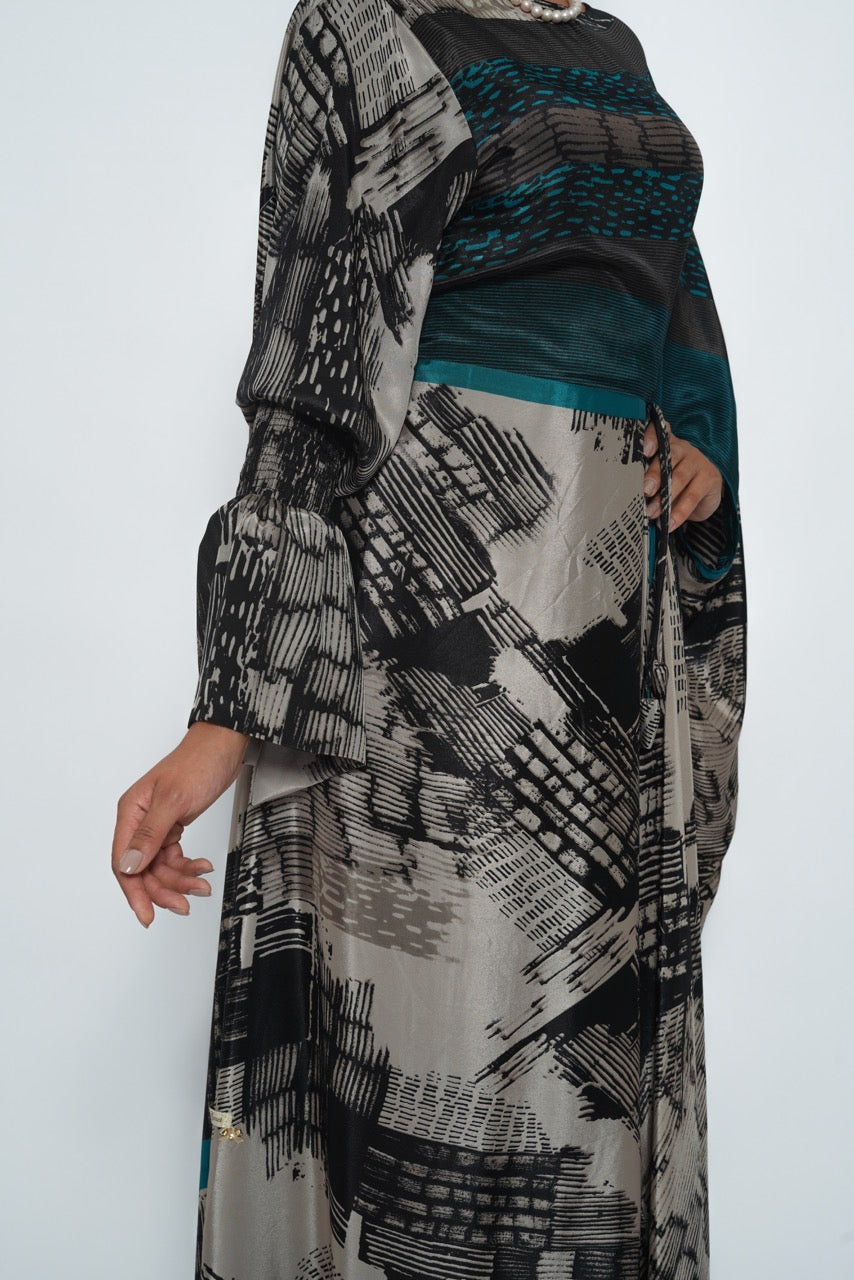 Hessa Teal Brushstroke Silk Crepe Jalabiya
