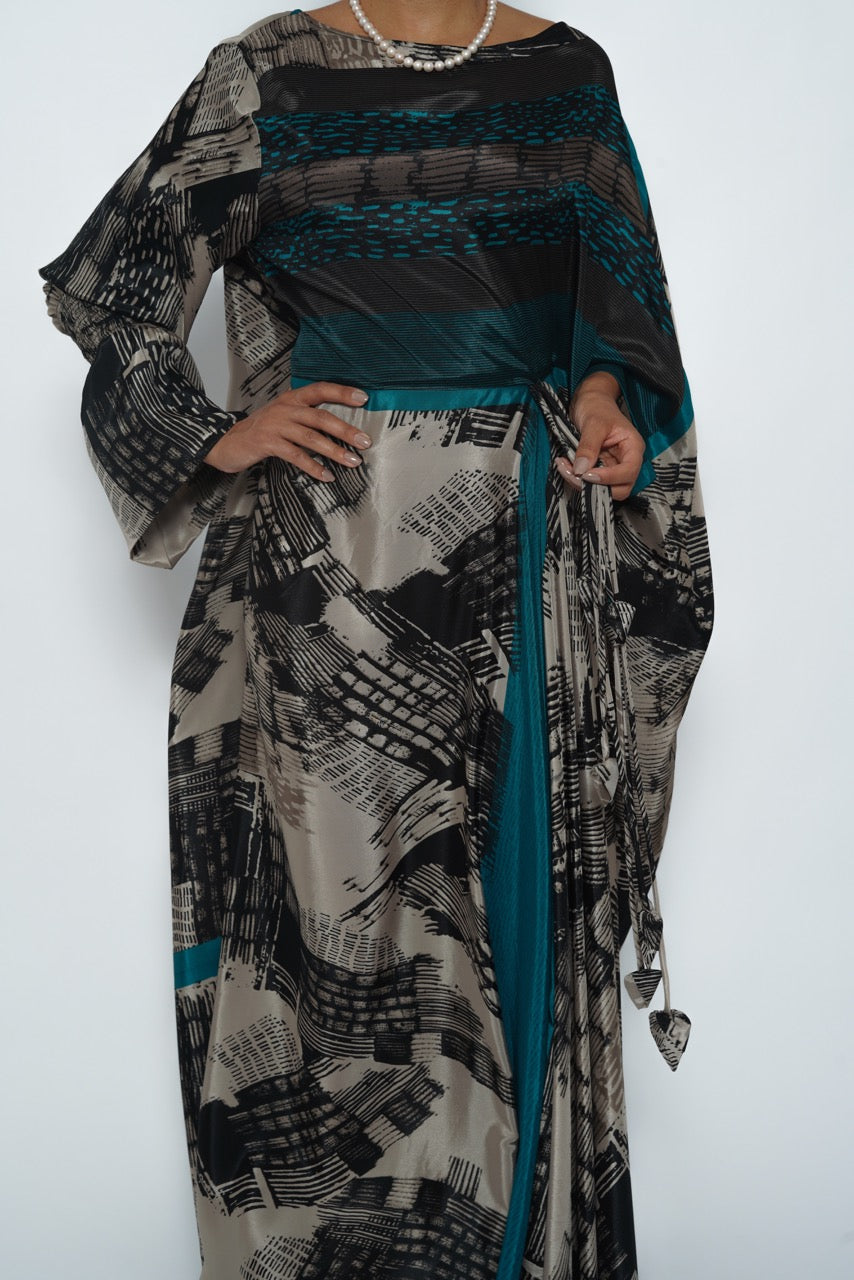Hessa Teal Brushstroke Silk Crepe Jalabiya