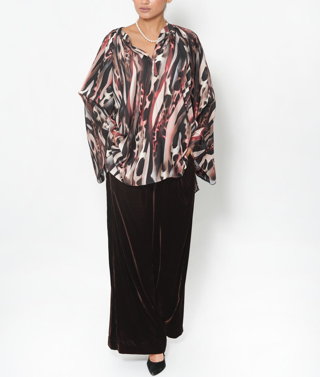 Rasha Ember Silk Satin Blouse and Rasha Cotton Velvet Wide-Leg Pants