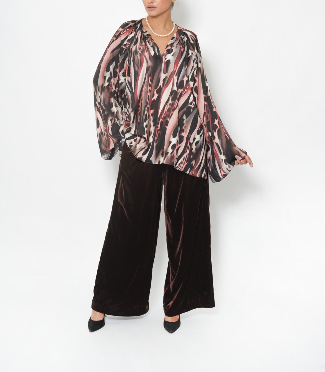Rasha Ember Silk Satin Blouse and Rasha Cotton Velvet Wide-Leg Pants