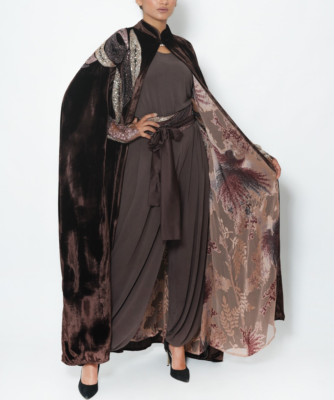 Kawthar Bronze Wave Silk Velvet Cape