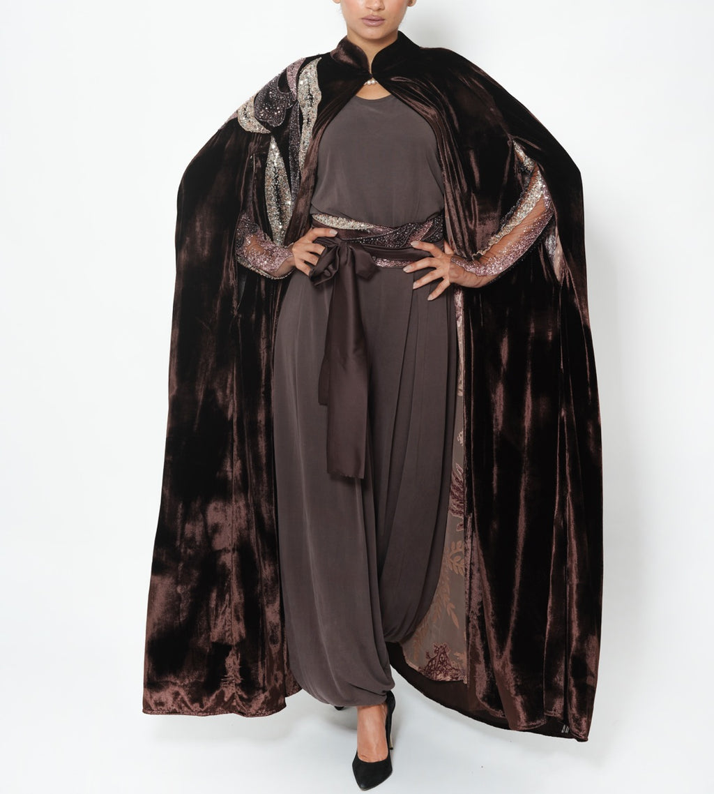 Kawthar Bronze Wave Silk Velvet Cape