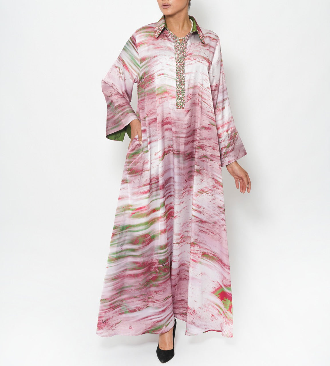 Salma Rose Marble Silk Satin Jalabiya