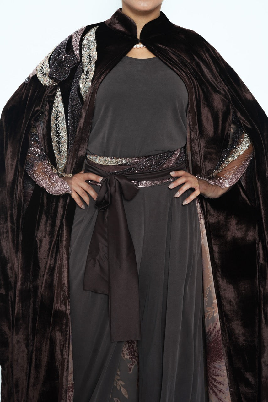 Kawthar Bronze Wave Silk Velvet Cape
