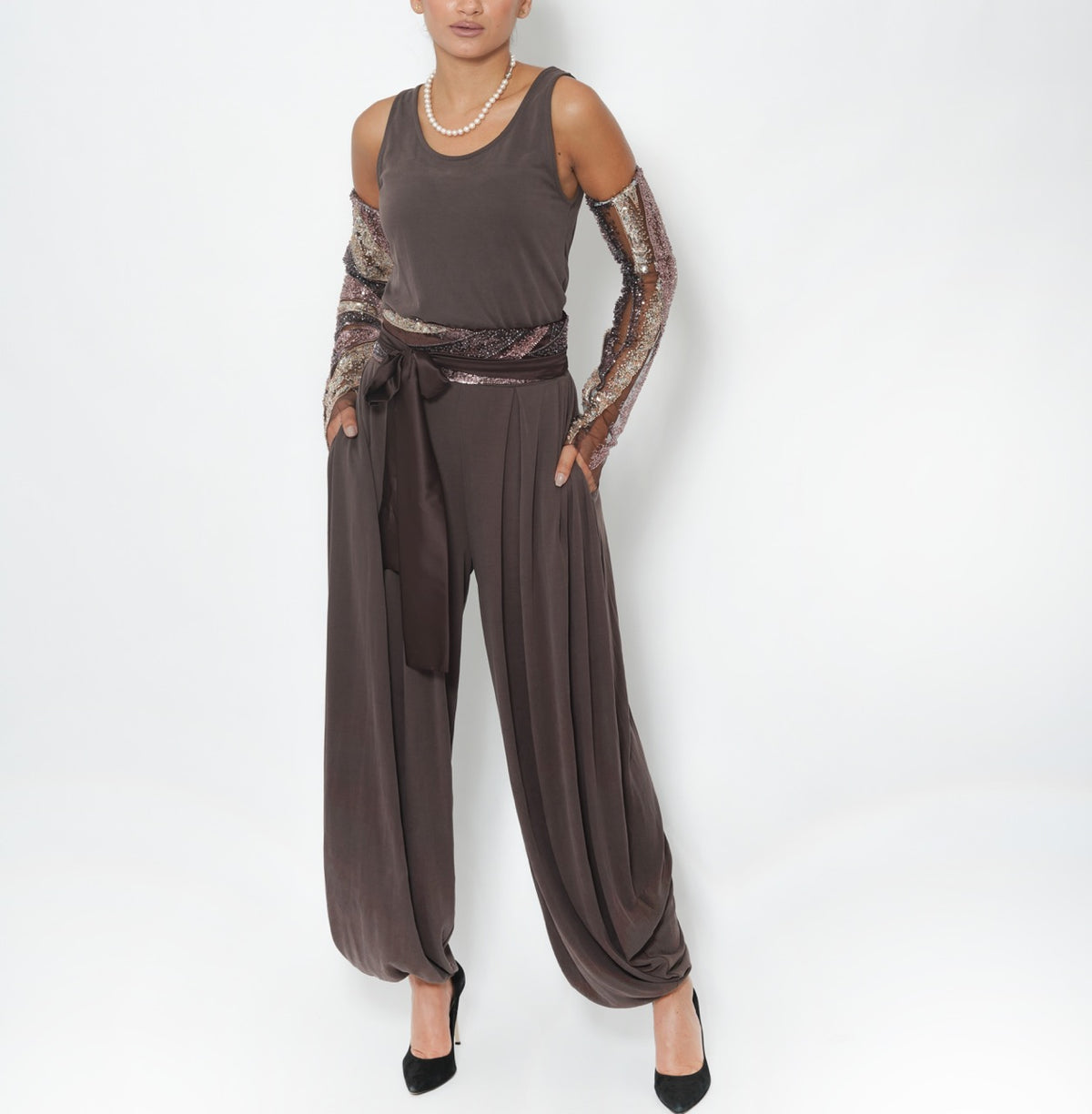 Nada Mocha Stretch Velvet Jumpsuit